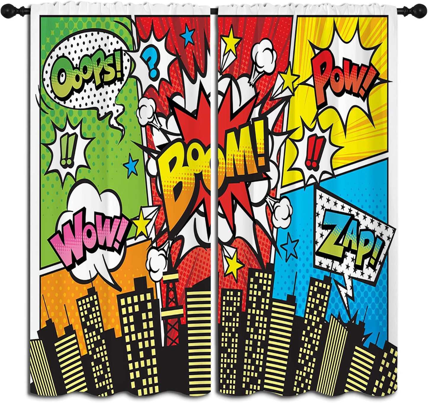 Superhero City Wars Explosion Rod Pocket Blackout Curtains for Boy Girl Bedroom, Colorful Comics Ar Home Energy Efficient Light Filtering Window Curtain for Living Room, 84x84 inch