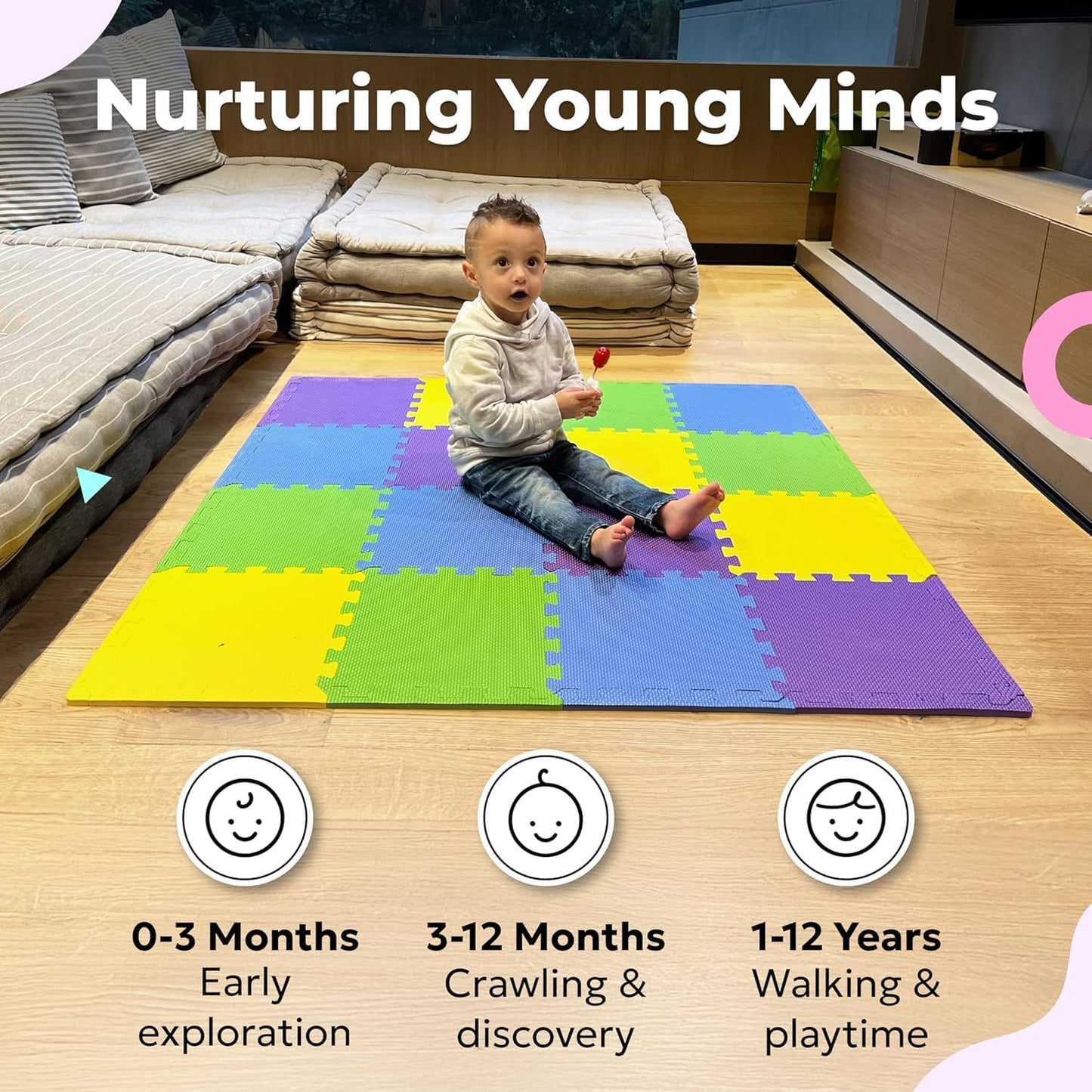 MioTetto Foam Floor Tiles for Kids - Non-Toxic Comfortable Baby Play Mat and Interlocking Foam Tiles, Fits with 50x50 Playpen Mat for Crawling & Development, Soft Play Mat for Babies 6-12 Months