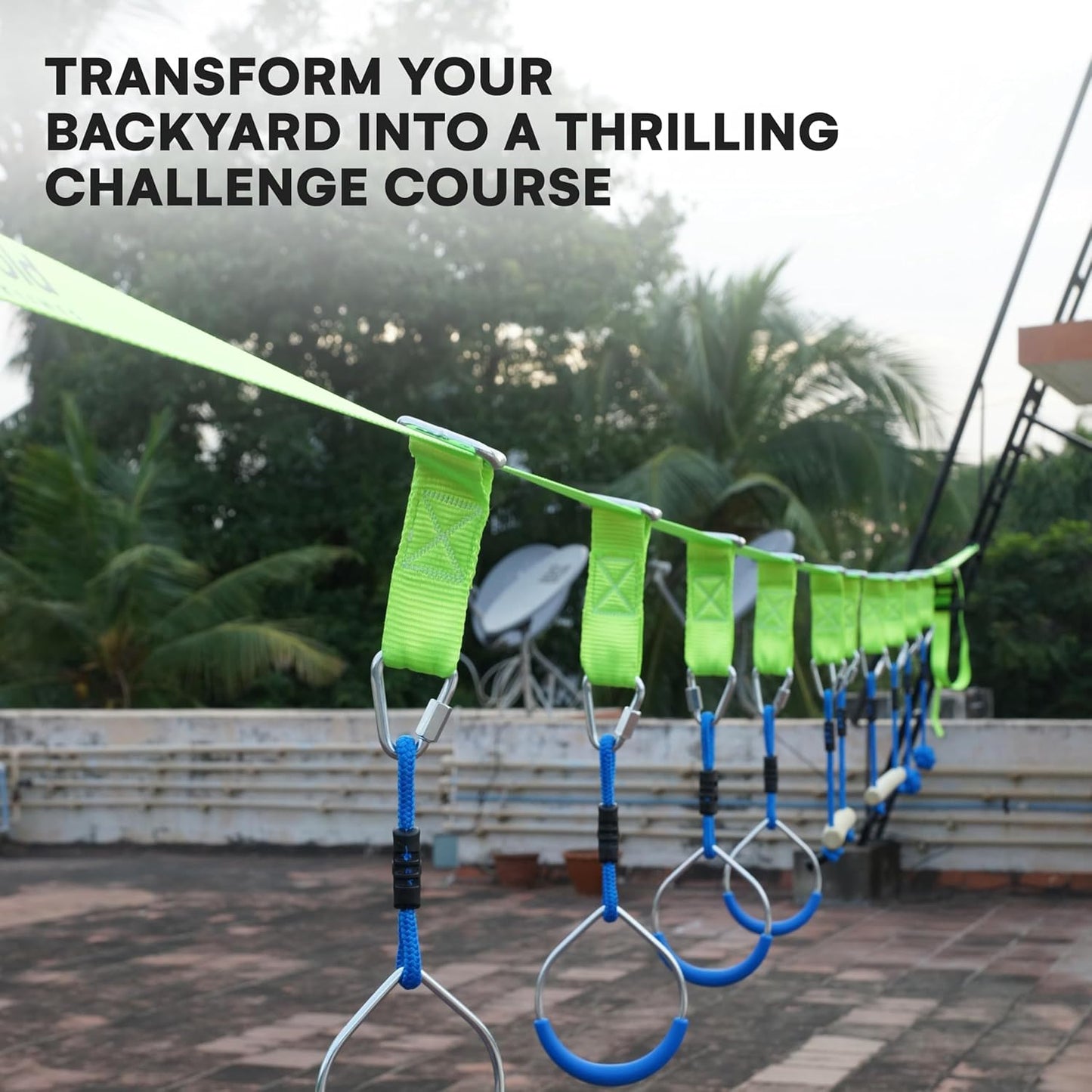 Flybold Obstacle Course for Kids - 40 Ft Ninja Warrior Slackline Kit with 8 Adjustable Obstacles - Tree Protectors, Twin Gear Ratchets, Carry Bag - Complete Outdoor Adventure Set