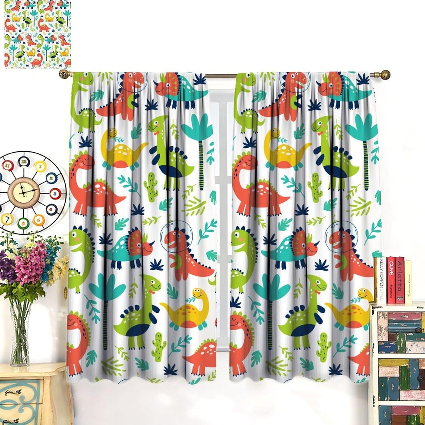 Rustic Dinosaurs Curtains Colorful Dino Kids Boys Cartoon Cute Cool Funny Decor Printed Blackout Rod Pocket Window Drapes for Living Room Bedroom W42xL84in 2 Panels