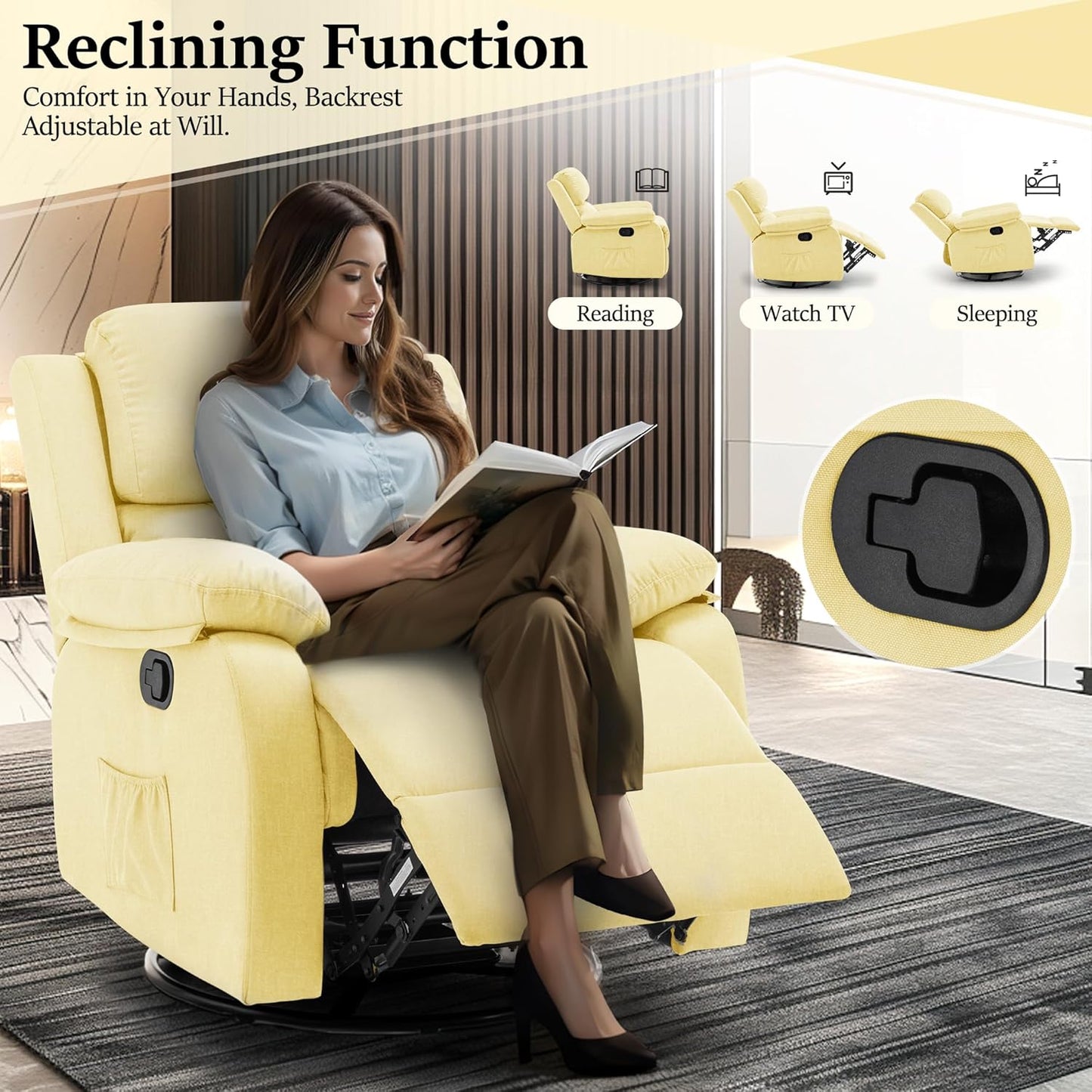 Recliner Chair, 360 Swivel Rocker Chair for Adults, Small Rocking Recliner for Small Spaces, Upholstered Fabric Glider Recliner Nursery Chair with Side Pockets for Living Room, Nursery