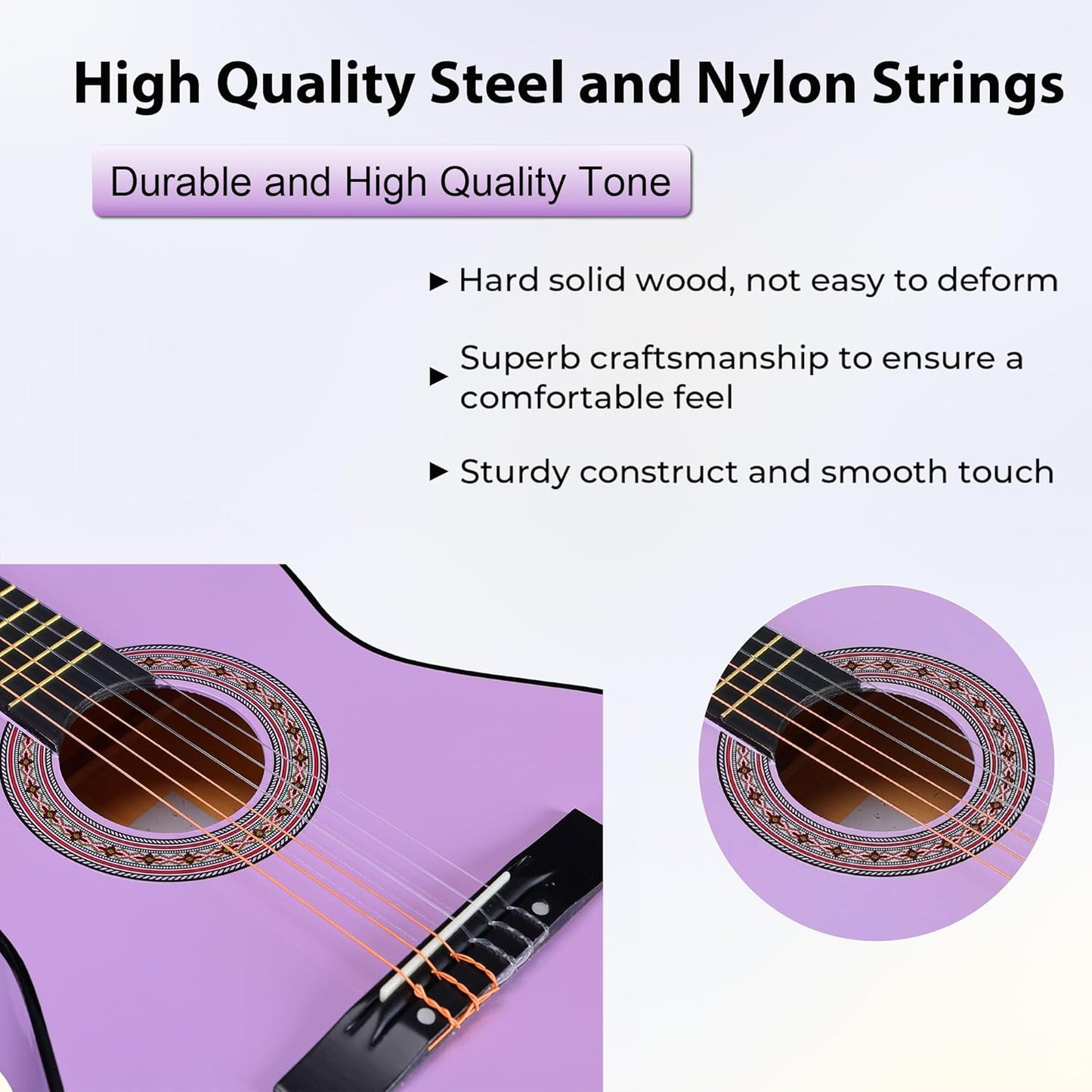 ADM Beginner Acoustic Classical Guitar 38 Inch Nylon Strings Wooden Guitar Bundle Kit for Kid Boy Girl Student Youth Guitarra Online Lessons with Gig Bag, Strap, Tuner, Strings, Purple
