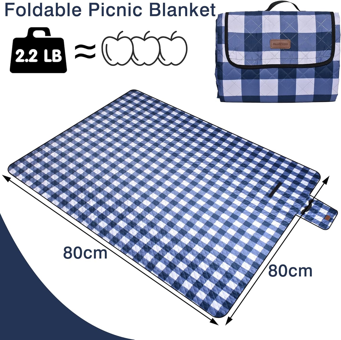 Extra Large Picnic Blanket 80''x 80'' Waterproof Foldable Picnic Mat for Beach, 5-Layer Outdoor Blanket for 6 to 8 Adults,Camping Grass Lawn Park Accessories Couple Park Wedding Registry(Navy Blue)