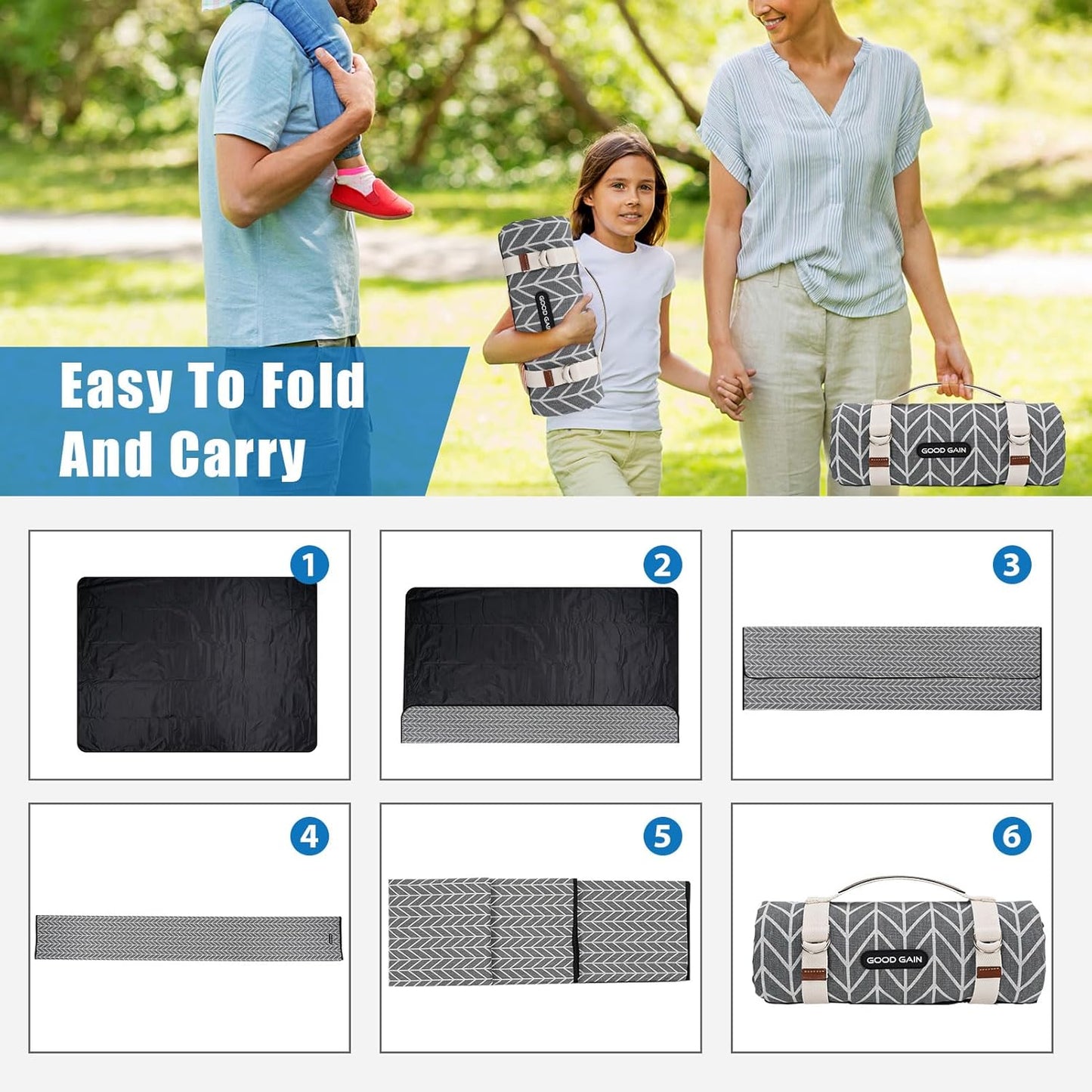 Picnic Blankets Outdoor Extra Large - Waterproof Picnic Blanket with Carry Strap | Machine Washable Picnic Mat with Sandproof Backing for Park , Grass, Camping, Hiking, Concerts (Graphite Grey)