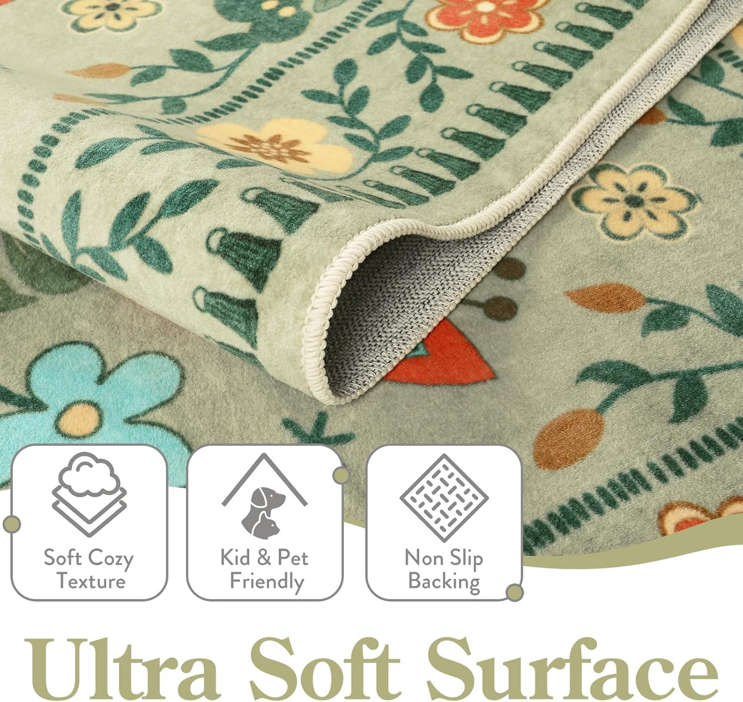 Moynesa Boho Area Rugs 5x7, Ultra Thin Soft Washable Rugs for Living Room Bedroom Non Slip, Stain Resistant, Indoor Bird Patterned Sage Green Large Carpet for Kitchen Entryway Office