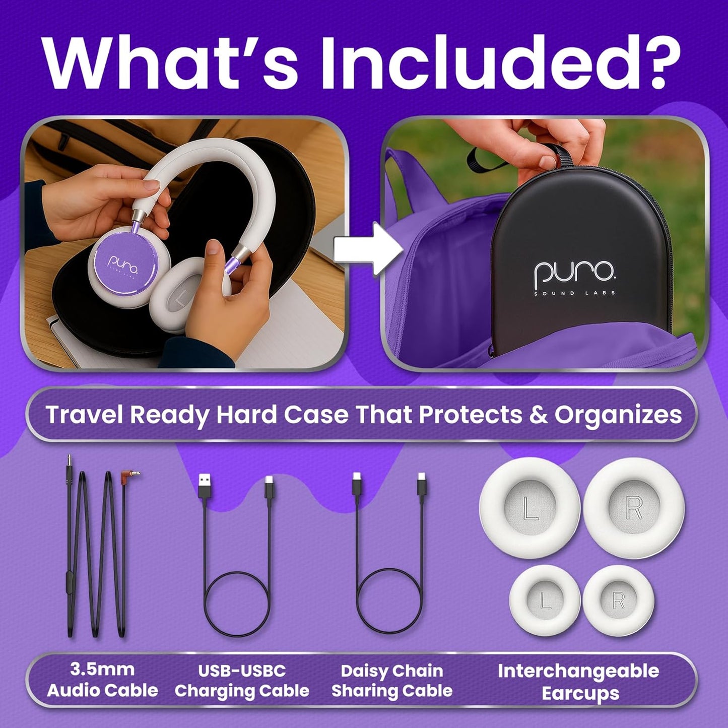 Puro Sound Labs BT2200 Plus Kids Bluetooth Headphones – Volume-Limiting 85dB, Studio-Grade Audio, Over-Ear & Comfy Design, 20-Hour Battery Life, Easy to Connect Wireless Headphones for Kids, Purple