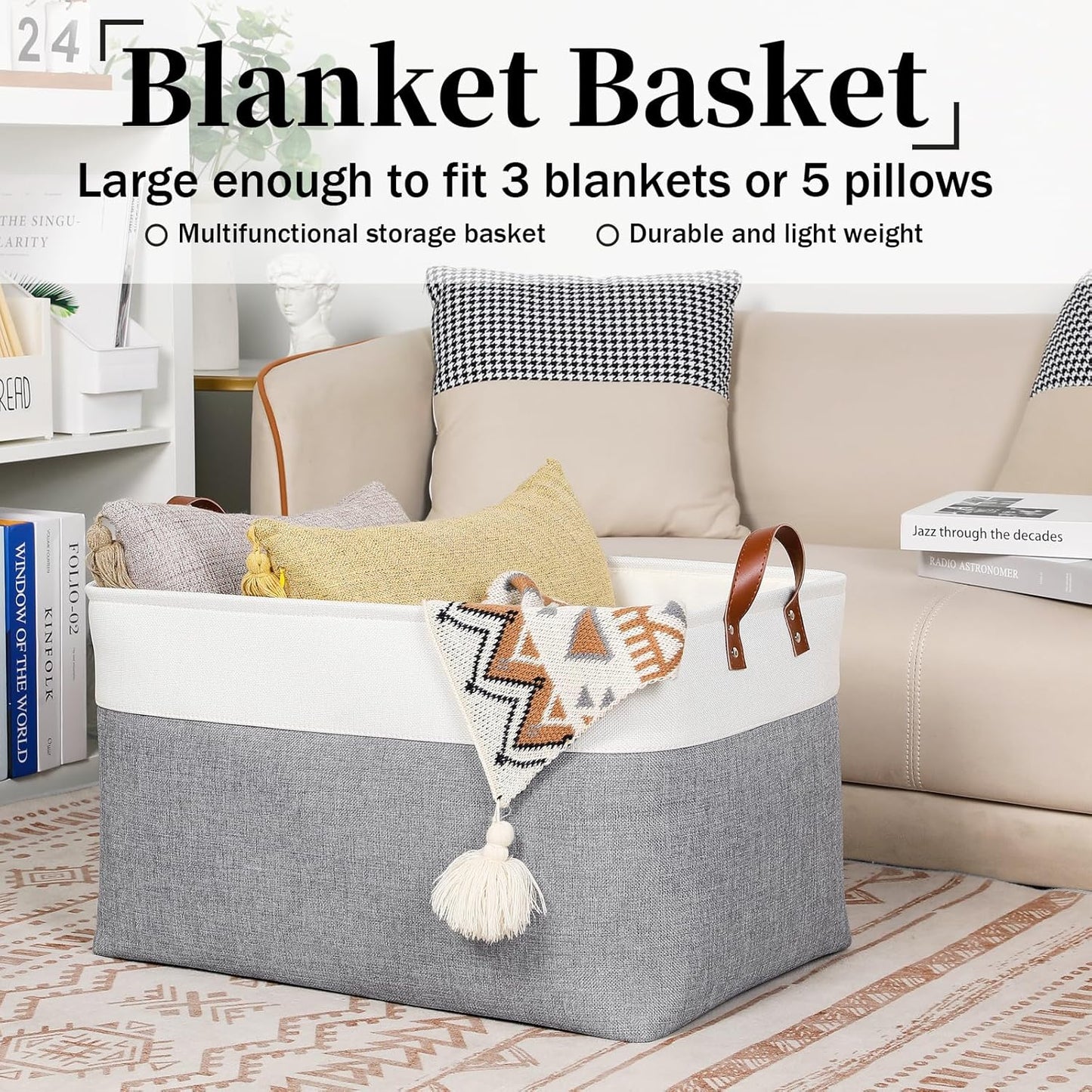 DULLEMELO Extra Large Storage Baskets for Organizing 22"x15"x13" Foldable Fabric Storage Baskets Organizer Bins with Handles Large Storage Basket for Shelves Closet Toys Books (White&Grey)