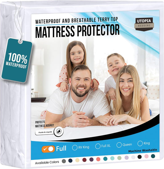 Utopia Bedding Waterproof Mattress Protector Full Size, Premium Terry Mattress Cover 200 GSM, Breathable, Fitted Style with Stretchable Pockets (White)