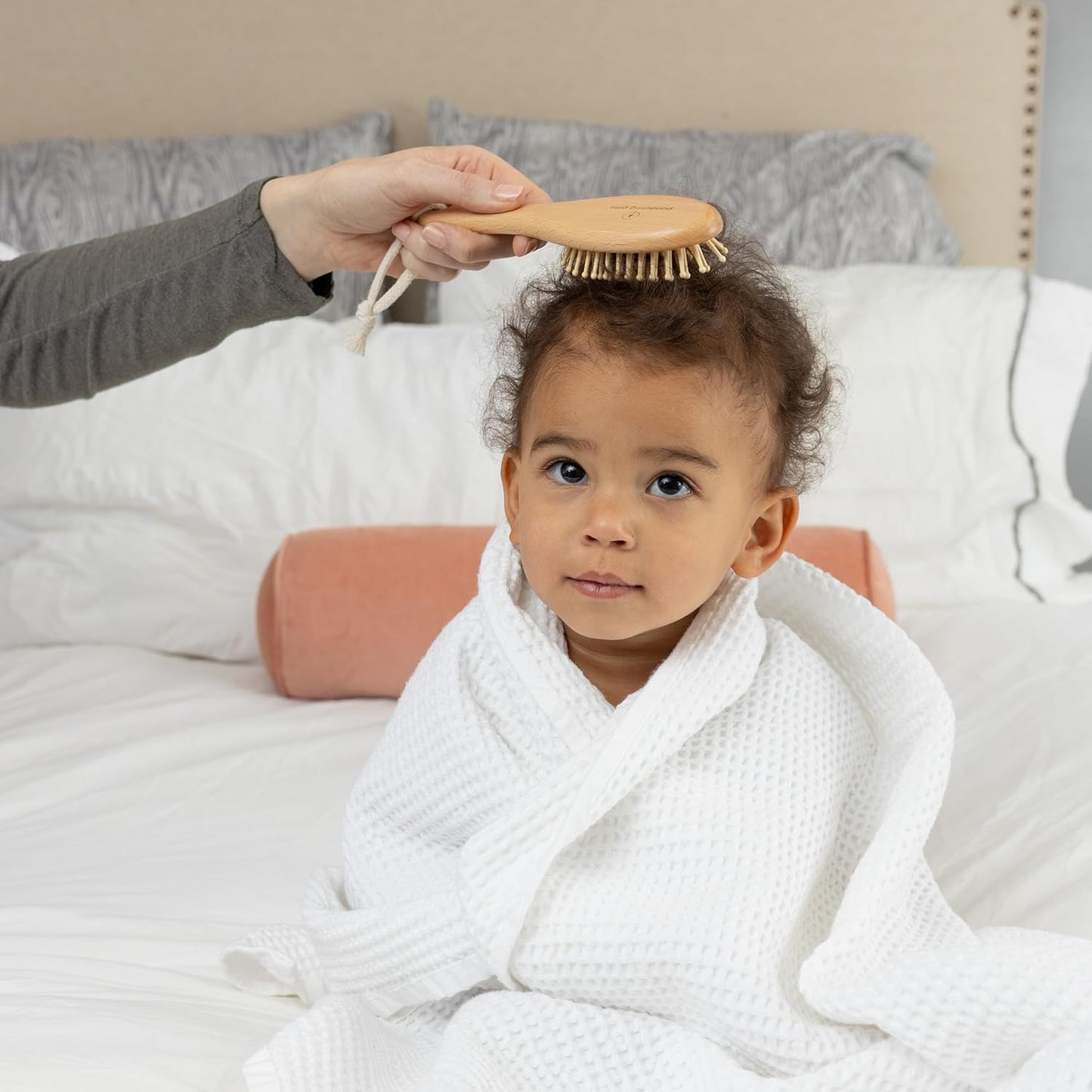 Natural Baby Brush Set - Wooden Brushes and Comb With Boho Travel Bag for Girl or Boy - Soft Goat Hair Brush for Cradle Cap, Bamboo Toddler Brush, Newborn Hairbrush for Scalp Grooming