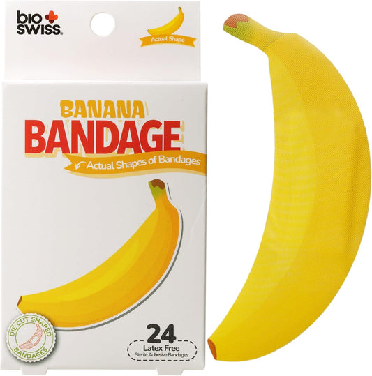 BioSwiss Bandages, Banana Shaped Self Adhesive Bandage, Latex Free Sterile Wound Care, Fun First Aid Kit Supplies for Kids, 24 Count