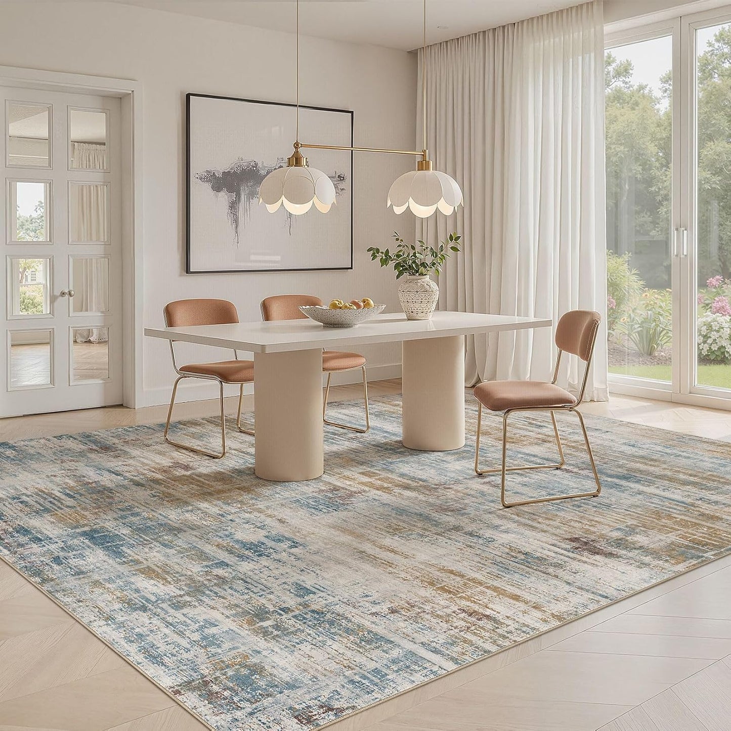 Area Rug for Living Room: 5x7 Washable Neutral Abstract Modern Soft Rugs Non Slip Indoor Floor Stain Resistant Carpet for Bedroom Dining Room Office Nursery - Blue Brown