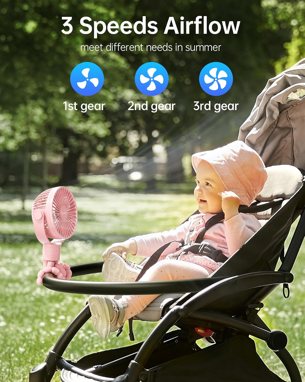 Stroller Fan Rechargeable Battery Powered Portable Fans, Head Detachable 360° Rotatable Clip on Fan, 3 Speed Quiet Small Mini Fans with Light Night for Carseat, Bed, Crib, Bike, Travel, Pink
