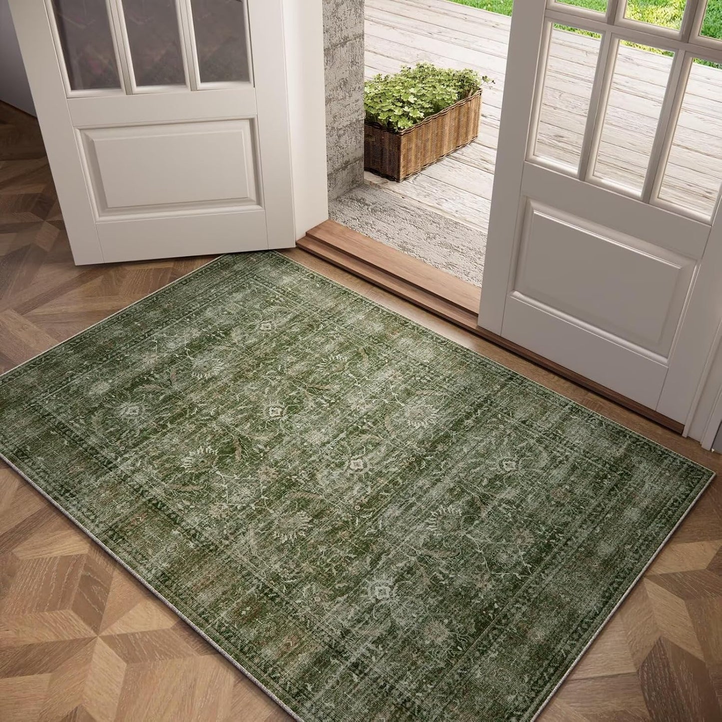 Washable 3x5 Entryway Rug Indoor, Boho Non-Slip Silicone Backing Small Rugs for Kitchen Nursery Office Bedroom, 0.3" Neutral Oriental Throw Carpet with 0.16" Cushioning Pad, Grass Green/Multi