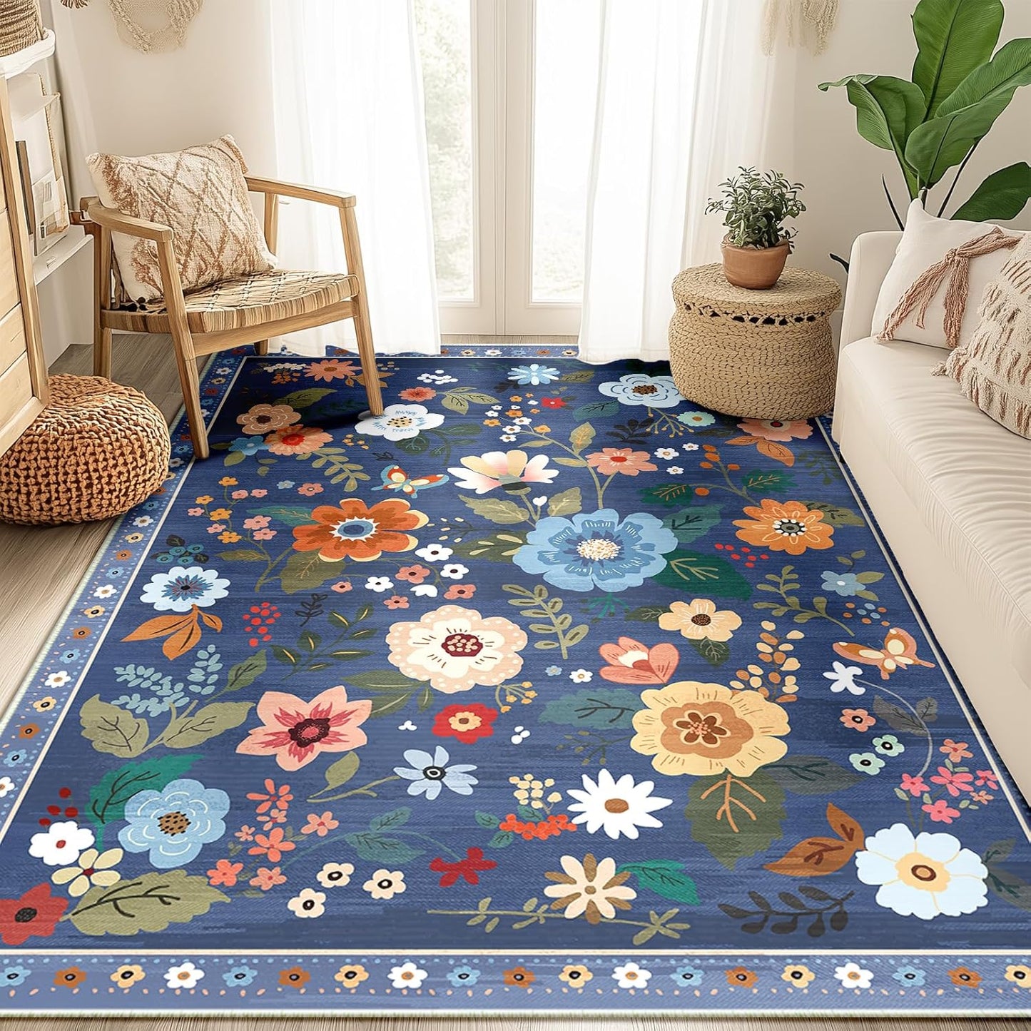 Floral 5x7 Area Rug Machine Washable Soft Print Boho Carpet Non Slip Doormat Low Pile Flower Area Rugs for Living Room Bedroom Nursery Kitchen Dining Room Indoor-Blue/Grey