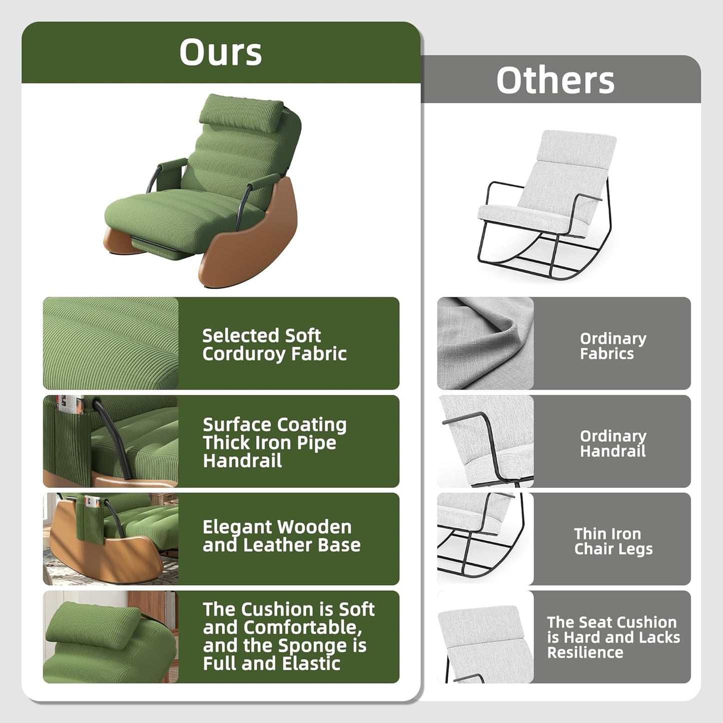 Polar Aurora Nursery Rocking Chairs with Soft Seat and Headrest,Corduroy Fabric Accent Chair with Side Pocket,Glider Rocking Chair for Bedroom/Living Room/Nursery. (Green/Brown)