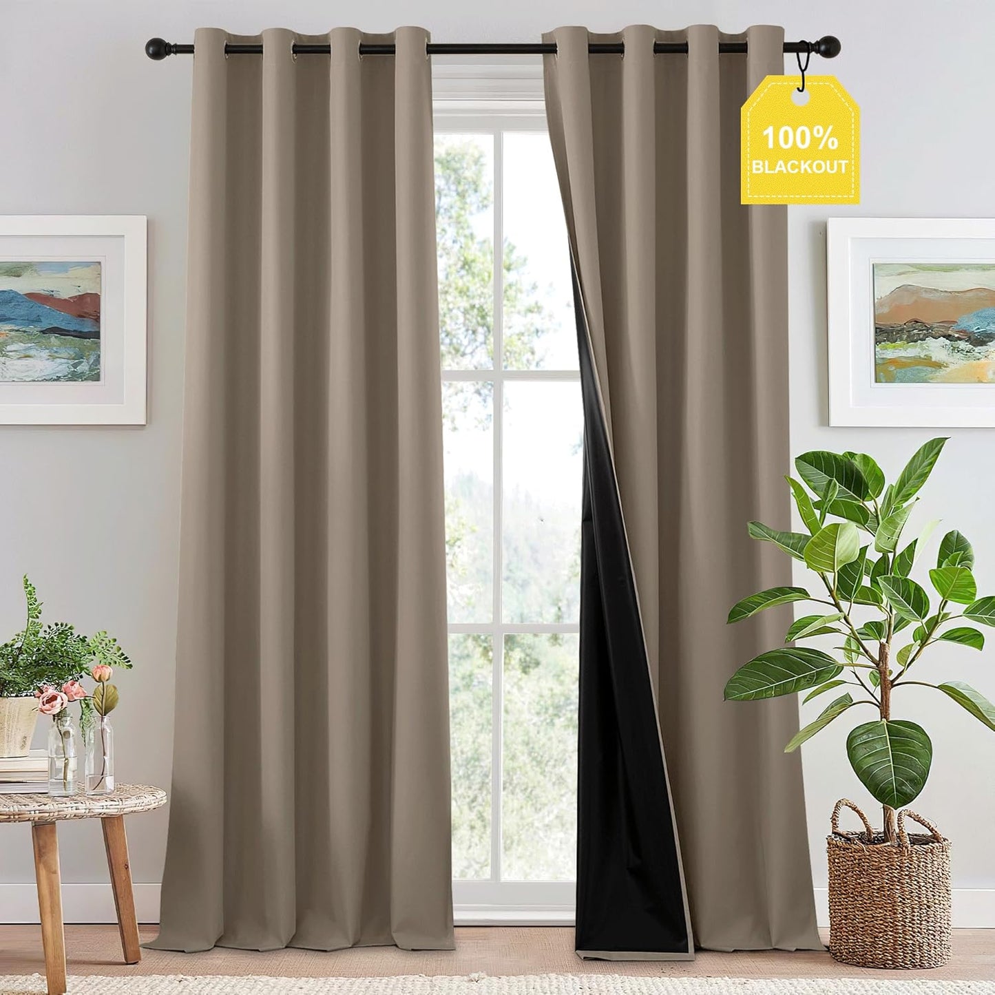 NICETOWN 100% Blackout Tan Curtains 96 inch Long, Grommet Thermal Insulated Portable Travel Blackout Window Treatment Easy to Install for Living Room/Bedroom, W52 x L96, 2 Panels