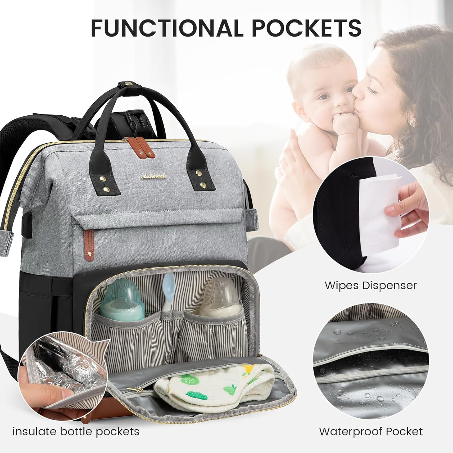 LOVEVOOK Diaper Bag Backpack, Baby Bag with Changing Station, Large Diaper Backpack for Moms Dads, Waterproof Leather Accents Baby Boy and Girl Bag for Travel Baby Essentials