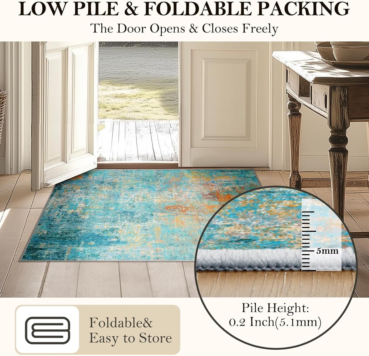 Washable Area Rugs 6'x9' Non-Slip Modern Abstract Soft for Living Room Entryway Bedroom Nursery, Print Pattern, Teal Blue Green Orange Rust Red Colorful