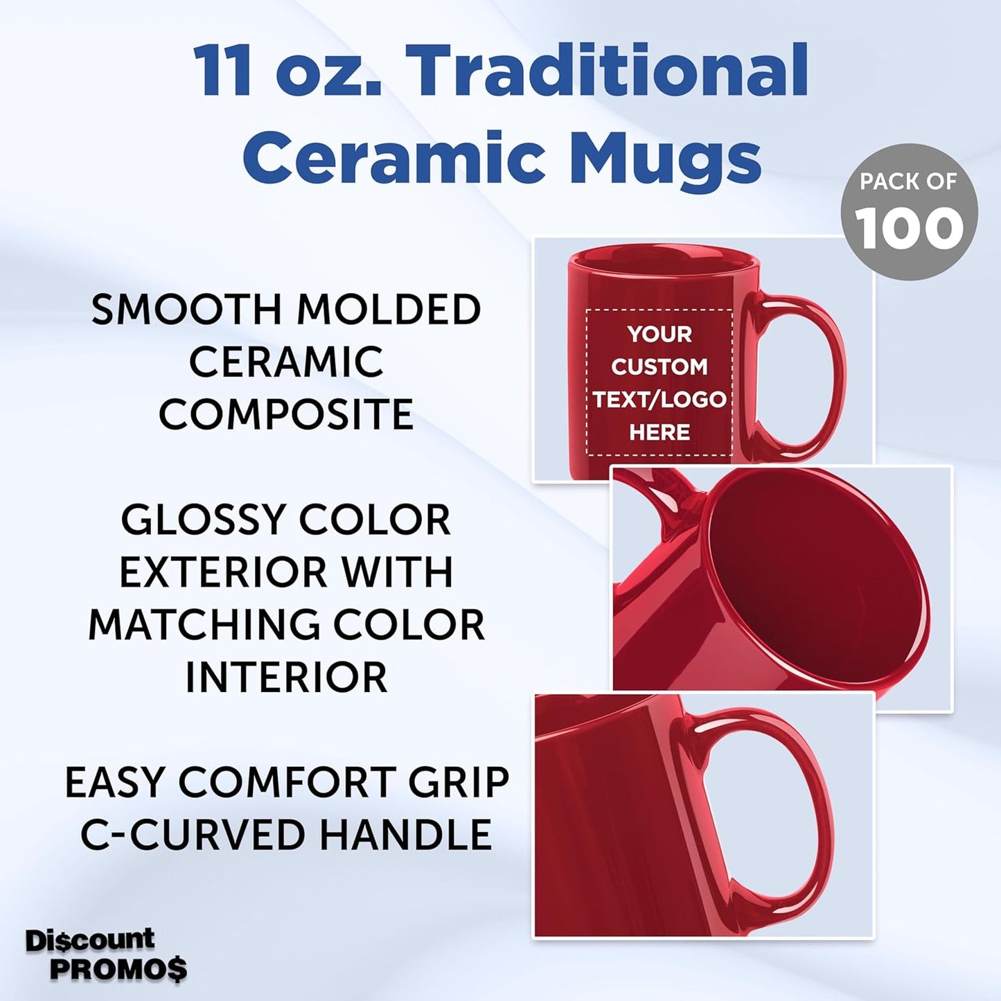 Custom Ceramic Coffee Mugs 11 oz. Set of 100, Personalized Bulk Pack - Coffee cup set, Iced coffee cup, Gaming mug - Red