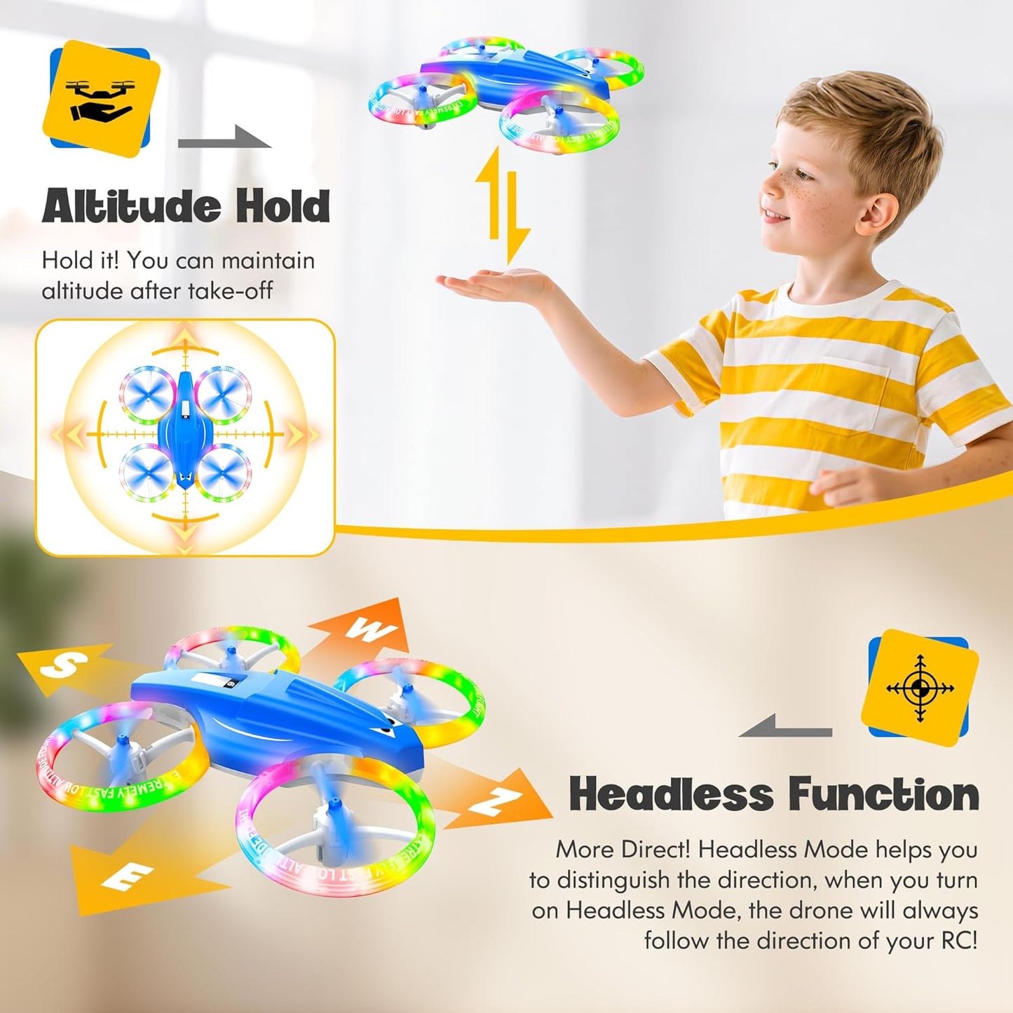Drones for Kids With Cool Light, Kids Drone with 3D Flip, Altitude-Hold, Self-Rotation, Headless Mode, 3 Speed Modes, One-Click Take-off/Landing, Mini Drone for Christmas, Beginners, Indoor