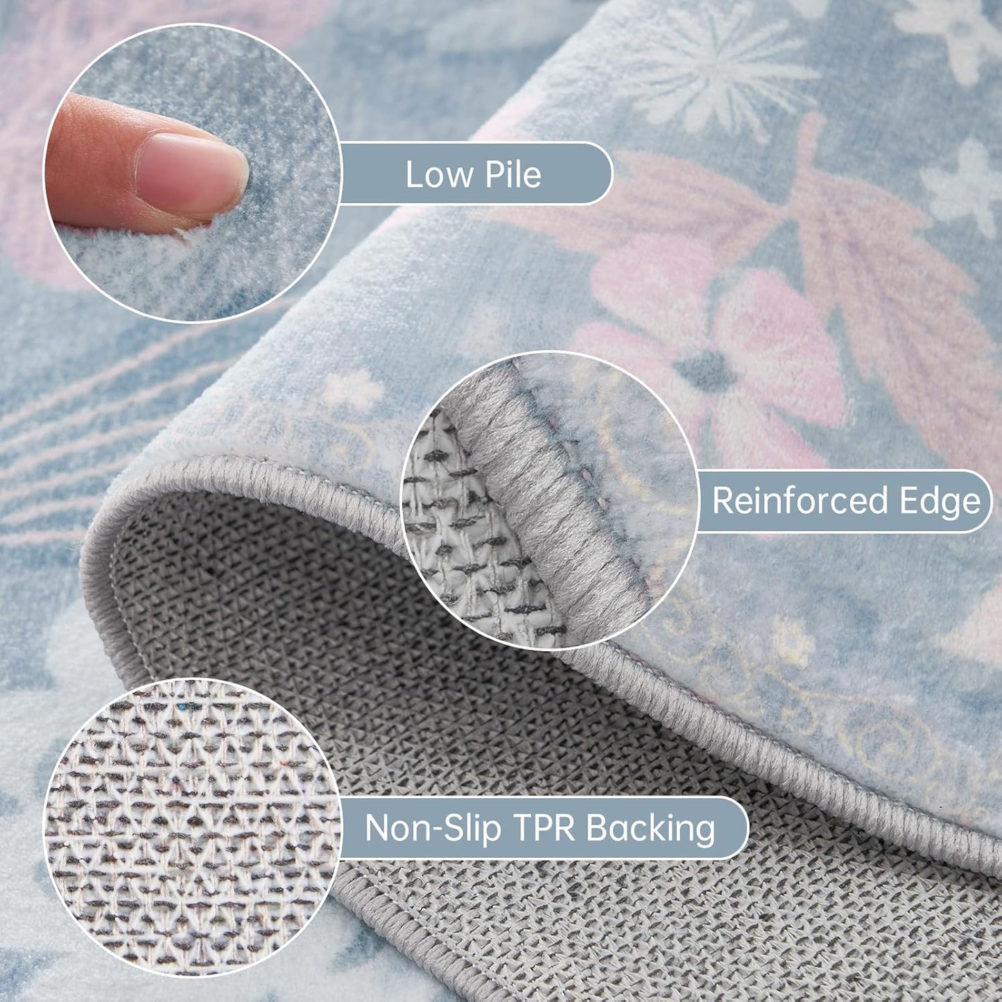 Kitchen Runner Rug 2x6 Washable Non Slip Soft Boho Floral Carpet Runner for Hallways Low Pile Thin Faux Fur Long Area Rug for Bedroom Entrance Patio Laundry Room Bathroom,Pastel Blue