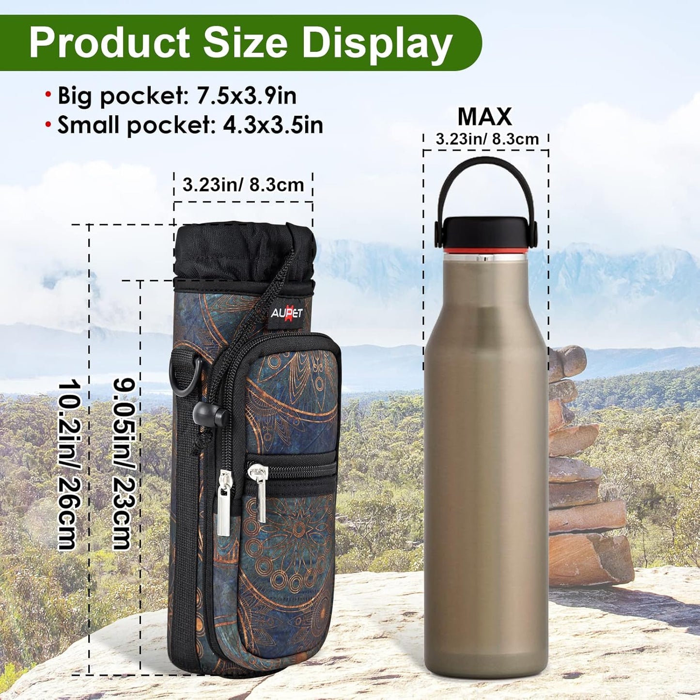 AUPET Water Bottle Sling Bag Sleeve Holder Carrier 25/32/40/64 oz,Insulated Crossbody Water Bottle Case Cover with Strap and Pockets for Men/Women Walking Hiking