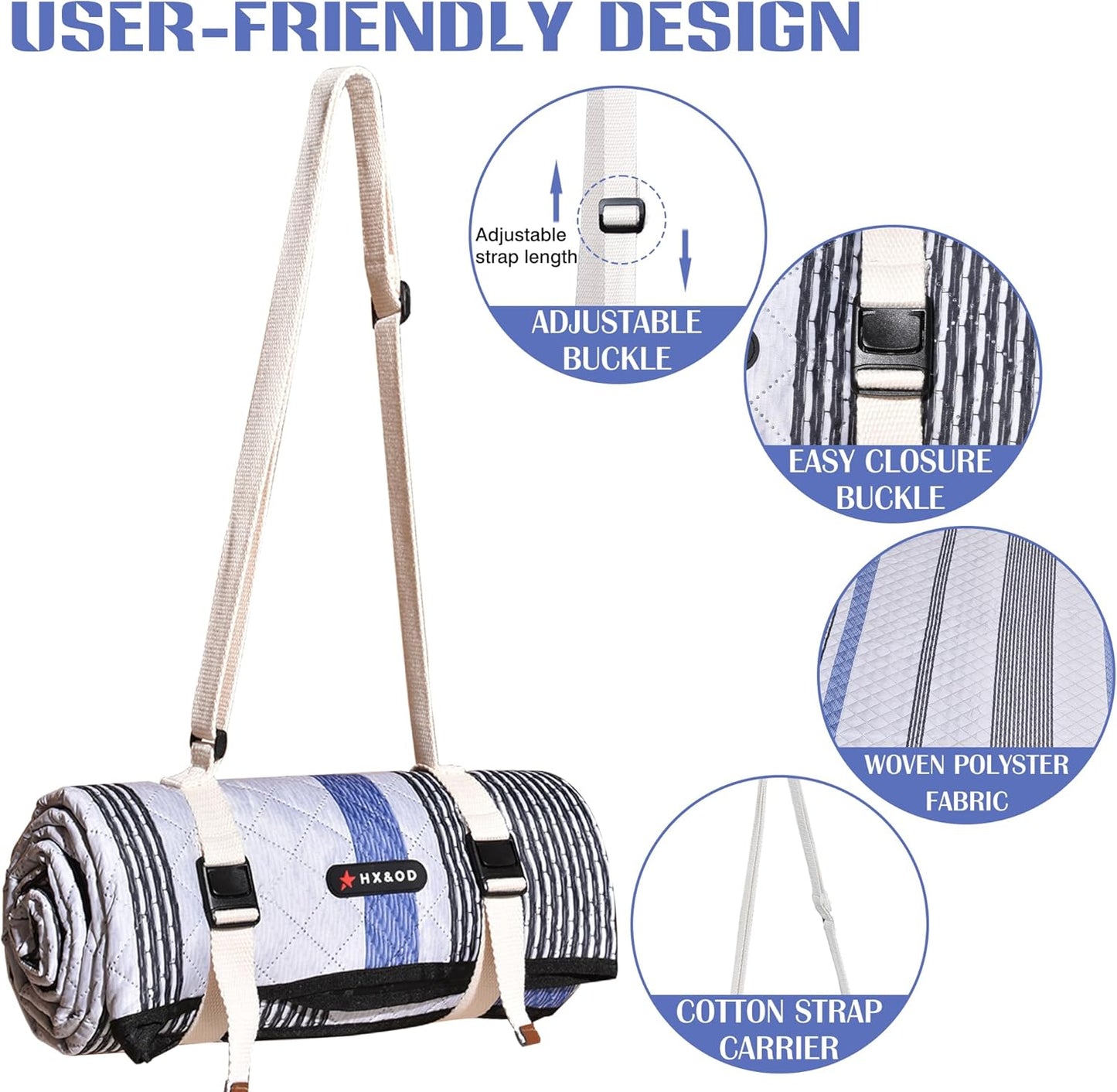 Waterproof Picnic Mat, Outdoor Camping Oversized Field Blanket. Portable Thickened Camping Blanket, Suitable for Beach, Camping, Music Festival, Party, Outdoor Adventure. (Black&Blue&White, 80”x60”)