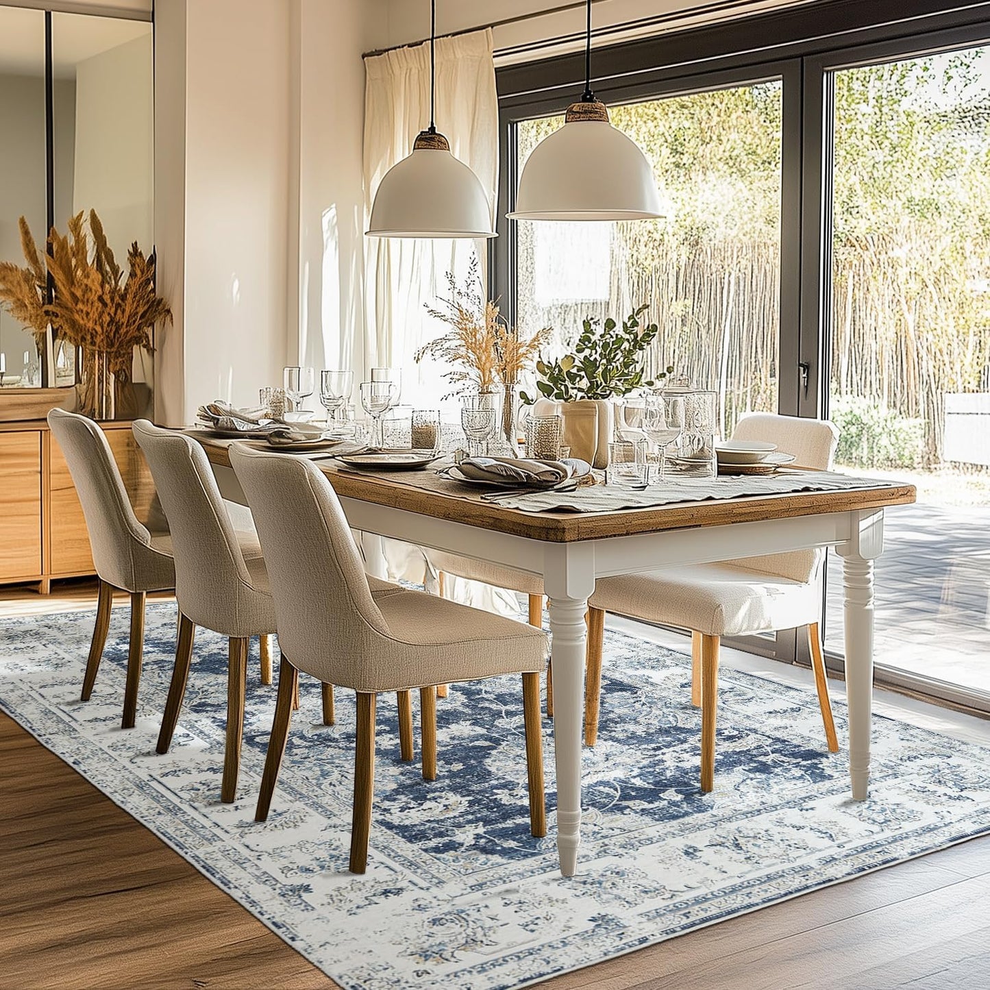 jinchan 8x10 Area Rugs for Living Room Machine Washable Vintage Floral Distressed Design Stain Resistant Boho Carpet Low Pile Non-Slip Rug for Bedroom Dining Room Home Office (8‘x10',Dark Blue)