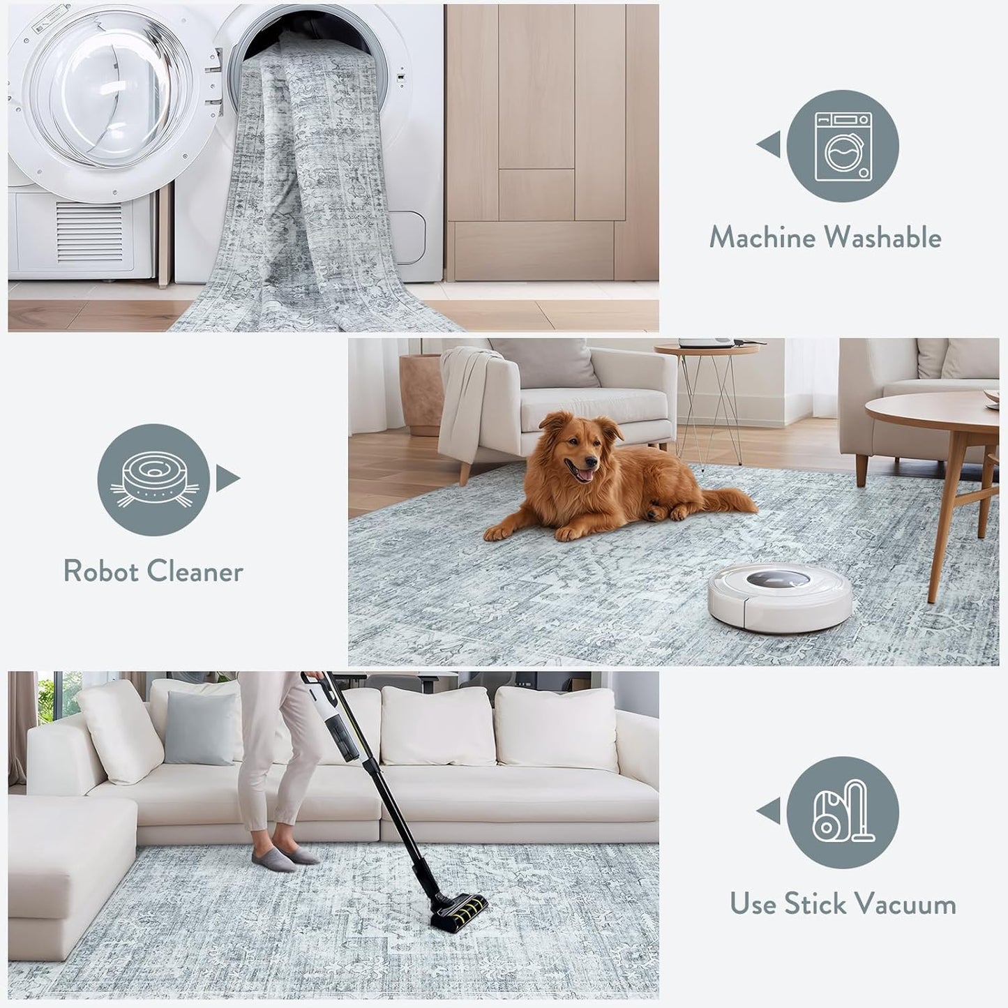 LIVEBOX Washable Area Rug 9x12 Rugs for Living Room Bedroom, Non-Slip Boho Neutral Carpet for Dining Room Office, Low-Pile Farmhouse Soft Carpets for Kids Nursery Room Playroom, Grey