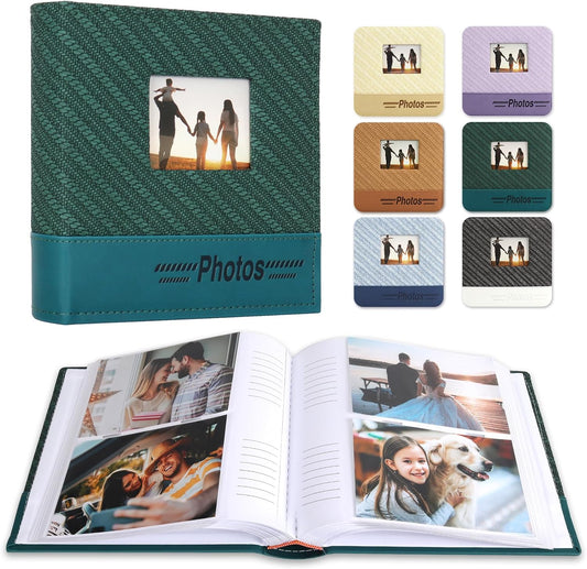 RECUTMS 4x6 Photo Album 200 Photos Memo, Photo Album with Writing Space, Leather Cover Window, 200 Picture Photo Album for Wedding Family Baby Christmas Valentine's Day Anniversary (Dark Green)