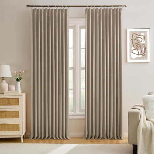 KEQIAOSUOCAI Pleated Blackout Curtain Drapes for Window 84" L - Triple Weave Energy Saving Solid Pinch Pleat Hook Thermal Room Divider Blackout Panels for Patio (72" Wide per Panel, 2 Panels, Khaki)