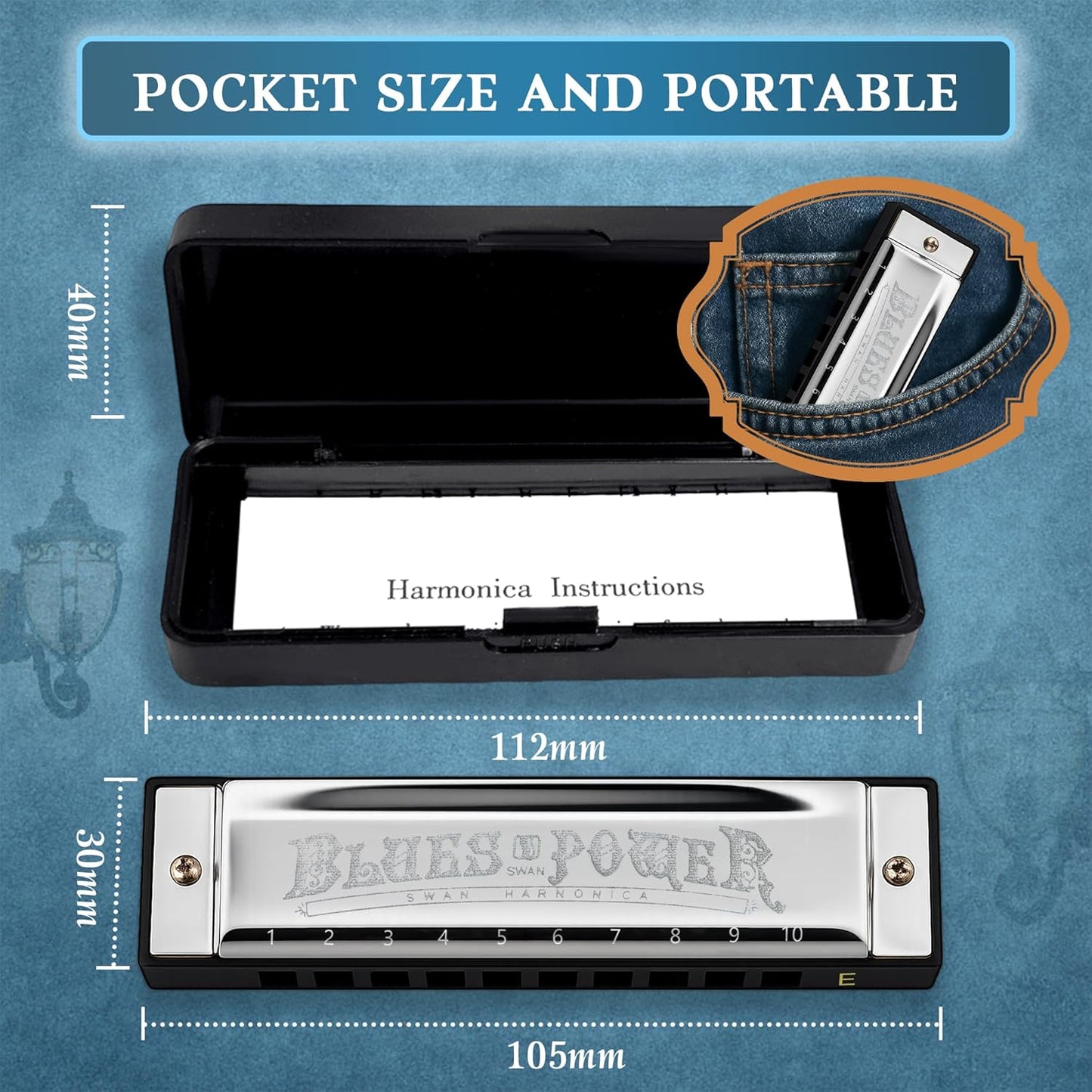 SWAN Blues Harmonica, Key of E, 10 Hole 20 Tone Diatonic Harp Mouth Organ, Stainless Steel Deluxe Harmonica for Adults, Students, Beginners, as a Gift (Silver-E)