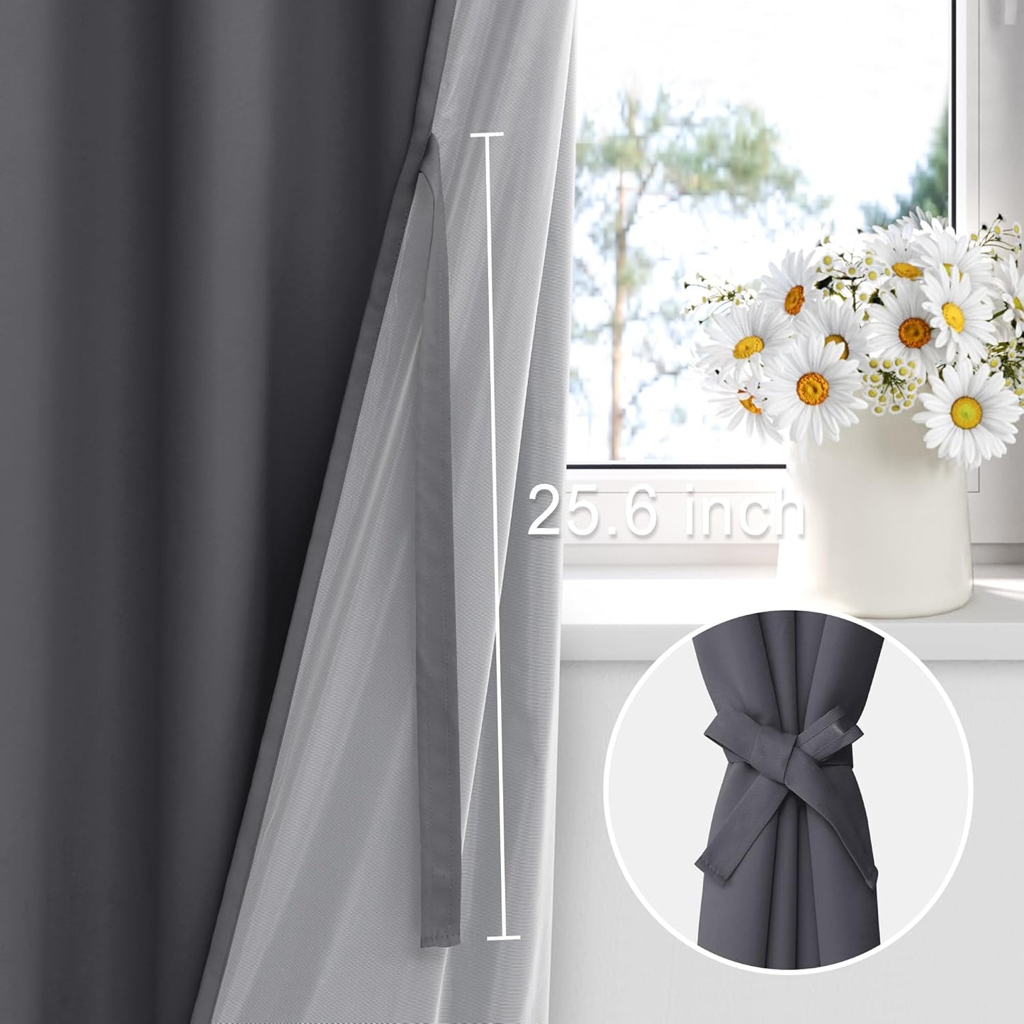 XWZO 100% Blackout Curtain Panels - Extra Long Rod Pocket Thermal Insulated Black Liner Curtains, Noise Reducing and Heat Blocking Drapes for Bedroom with Tiebacks, Dark Grey, W52 x L108, Set of 2