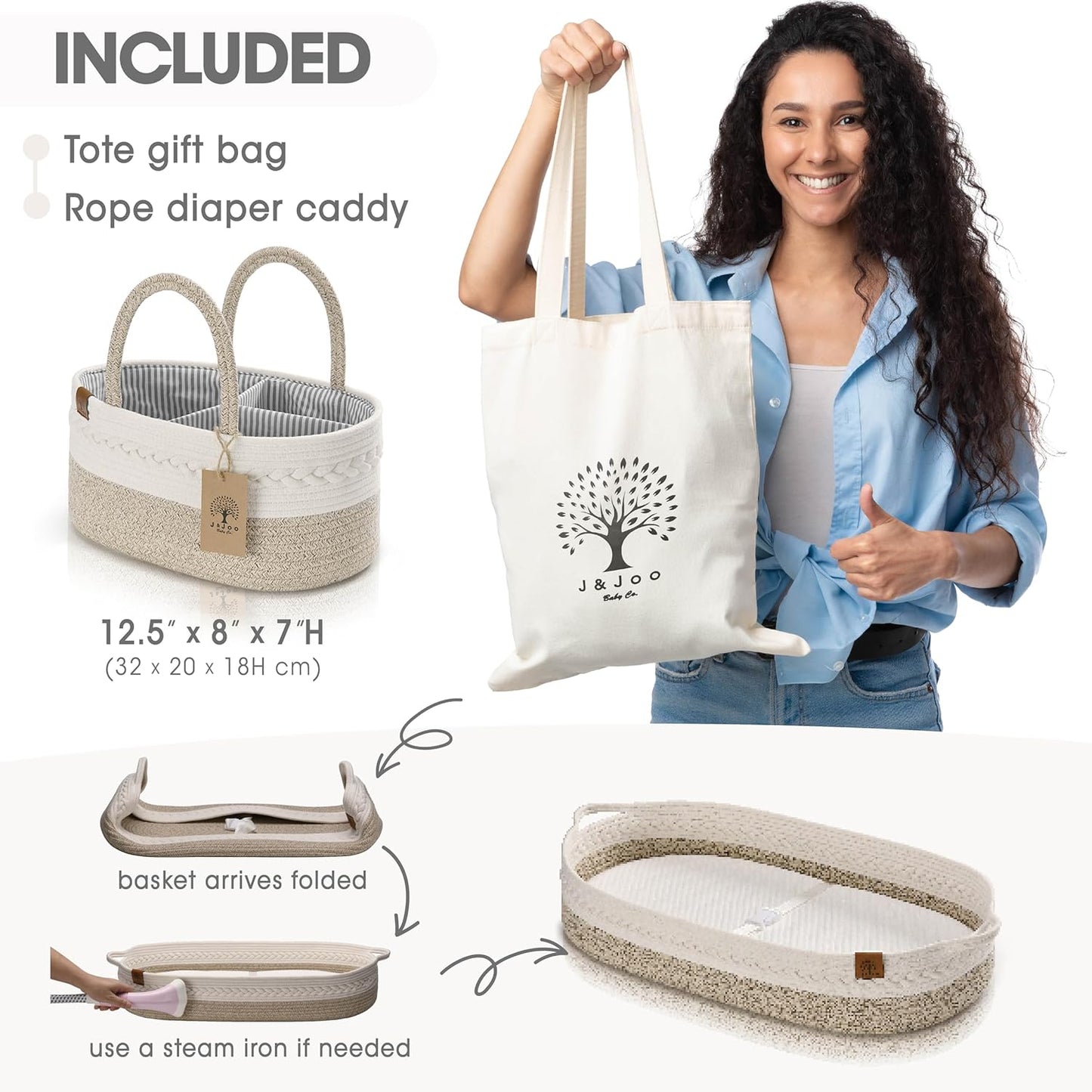 Baby Changing Basket Includes Diaper Caddy - Breathable & Waterproof Dual-Cover, Portable, Changing Pad for Dresser & Changing Table, Gift for Baby Shower, Cotton Rope Basket for Baby