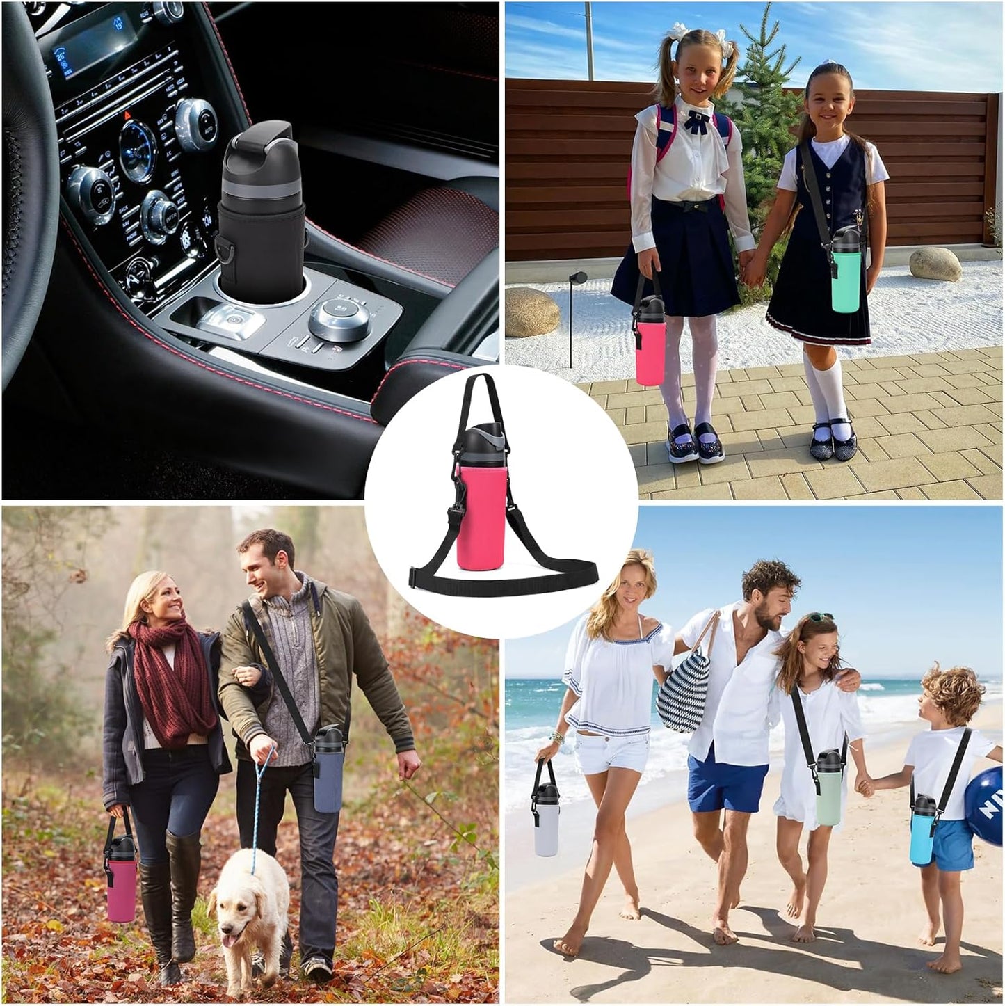 Neoprene Water Bottle Carrier Bag with Adjustable Shoulder Strap for Owala 24 OZ Tumbler, Insulated Water Bottle Cover for Owala FreeSip Insulated Water Bottle (Bright Pink, 24 OZ)