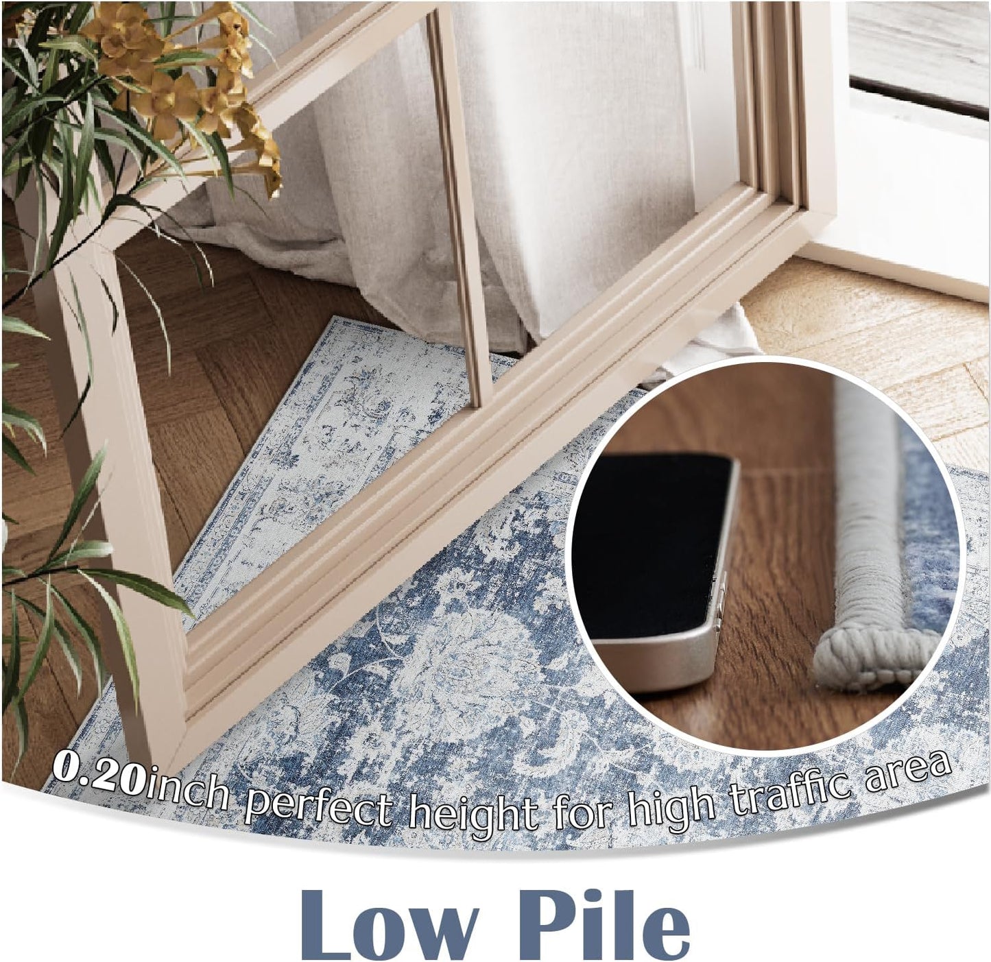 jinchan Hallway Runner Rug 3x8 Washable Runner - Vintage Floral Non Slip Low-Pile Soft Thin Faux Wool Kitchen Rug Distressed Carpet for Farmhouse Bedroom Laundry Room(3x8ft,Dark Blue)