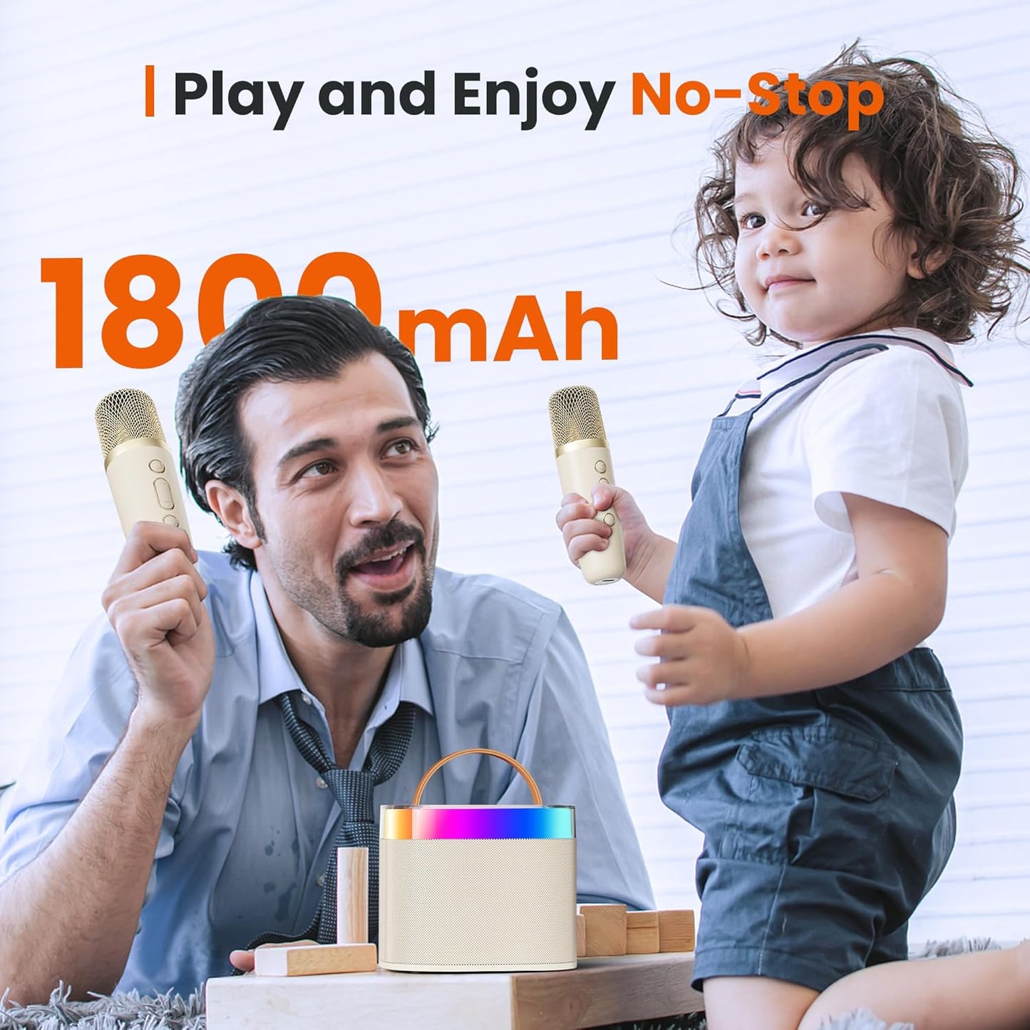 YLL Karaoke Machine for Adults Kids, Portable Bluetooth Karokee Speaker with 2 Wireless Microphones,Singing Karaoke Machine Built-in LED Lights for Birthday Gifts, Family Home Party(Beige)