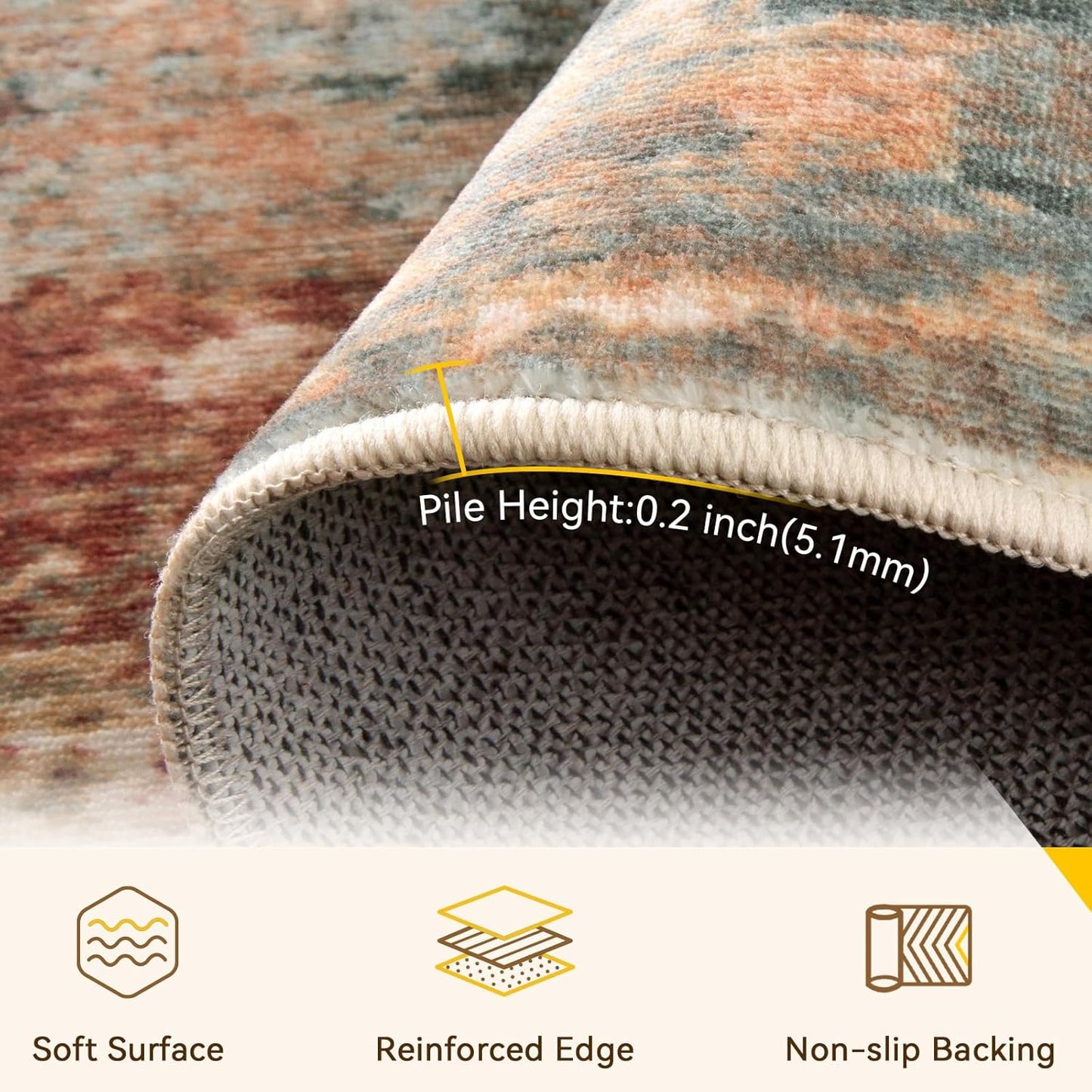 Washable Area Rugs 4'x6' Non-Slip Modern Abstract Soft for Living Room Entryway Bedroom Nursery, Print Pattern, Brown Rust Red Multi