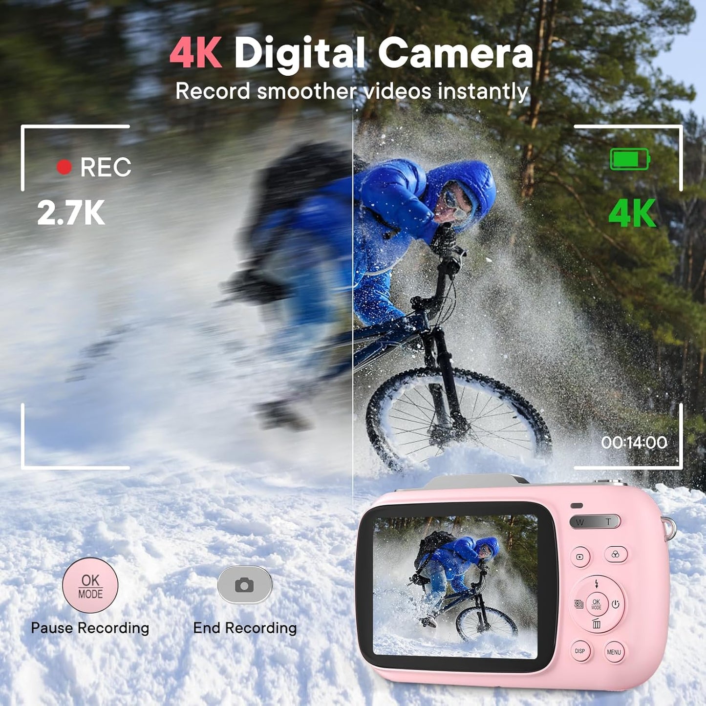 Digital Camera 4K 64MP - Vlogging Camera for Kids & Beginners | 18X Zoom Point and Shoot Camera Anti Shake, Compact with Flash, Gift for Boys Girls(Pink+Silver)