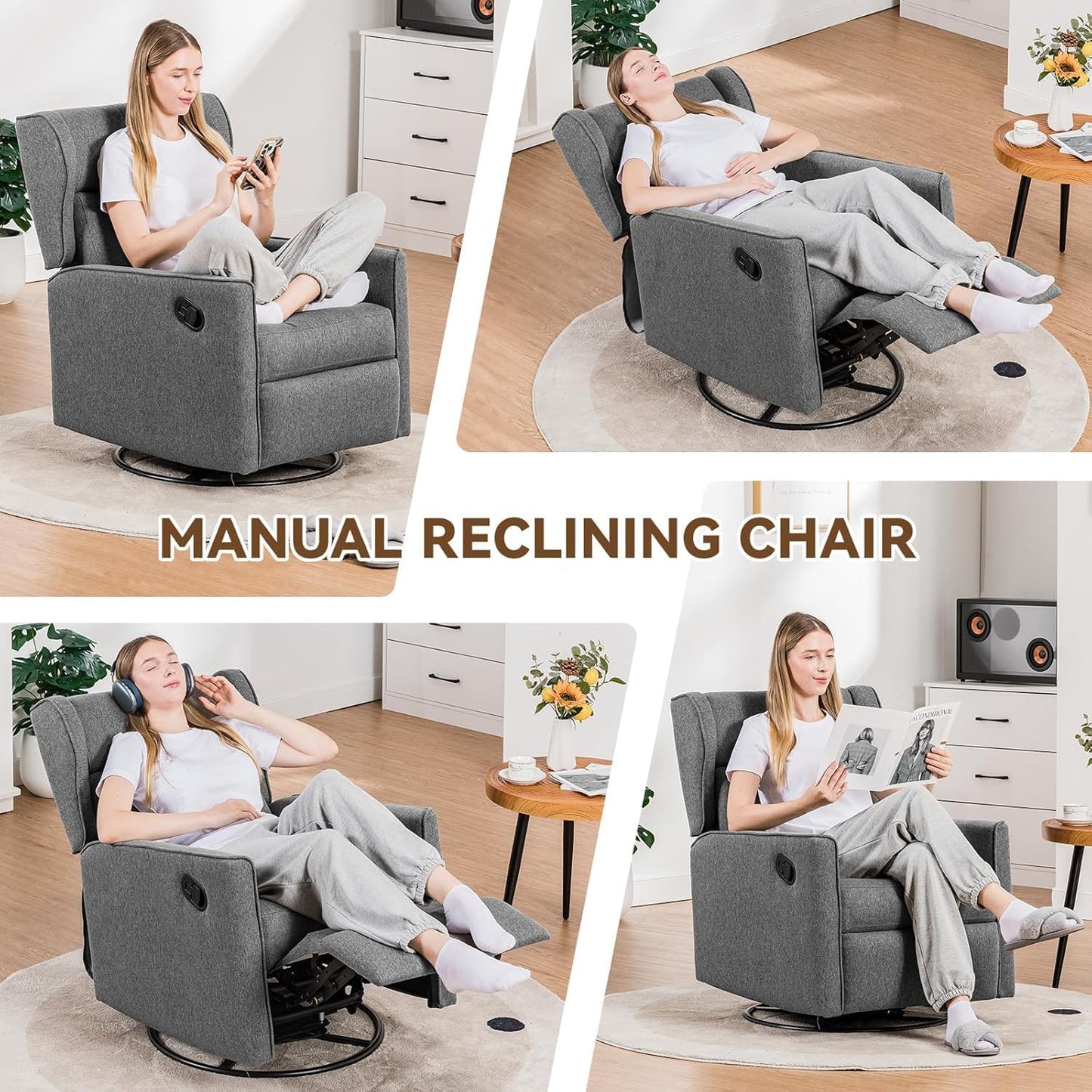 COMHOMA Rocking Recliner Chair,Swivel Glider Reclining Single Sofa Manual Rocker Recliners,Nursery Rocking Chairs with Upholstered Seating for Living Room Office(Gray)
