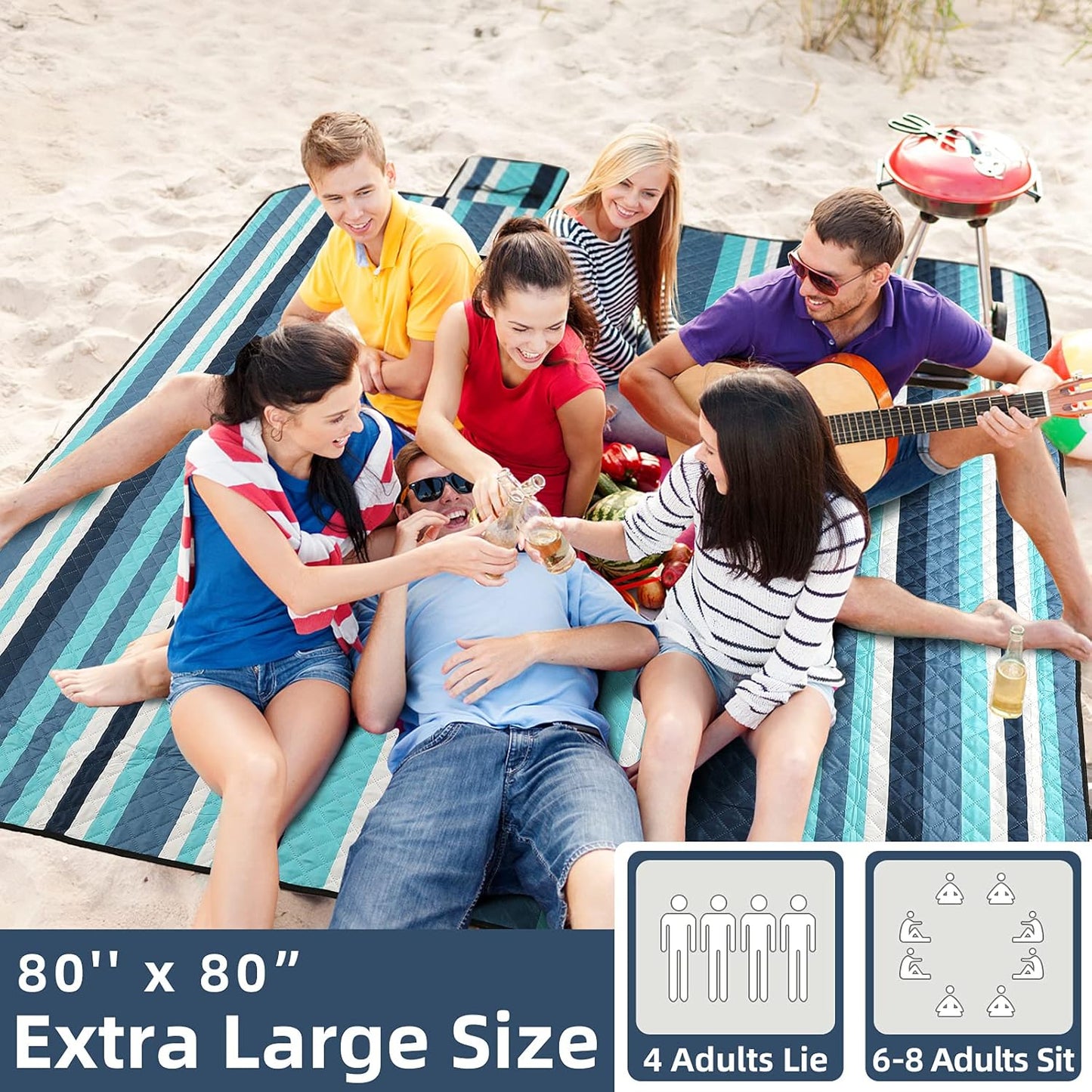 ZAZE Picnic Blankets Beach Blanket, 80''x80'' Extra Large Thick 3-Layers, Sandproof Machine Washable Waterproof Foldable Oversized XL Outdoor Mat, for Camping, Park, Travel, Grass(Blue White Stripe)