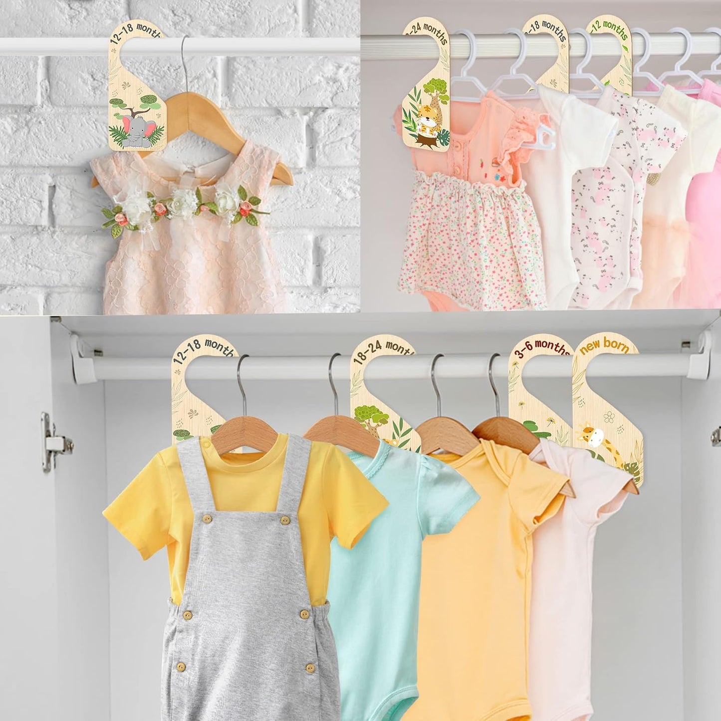R HORSE 8Pcs Safari Baby Closet Dividers, Double Sided Nursery Hanger Dividers Wood Baby Closet Size Organizers for Boy Girl Birthday Christmas Gift (0-24 Months)