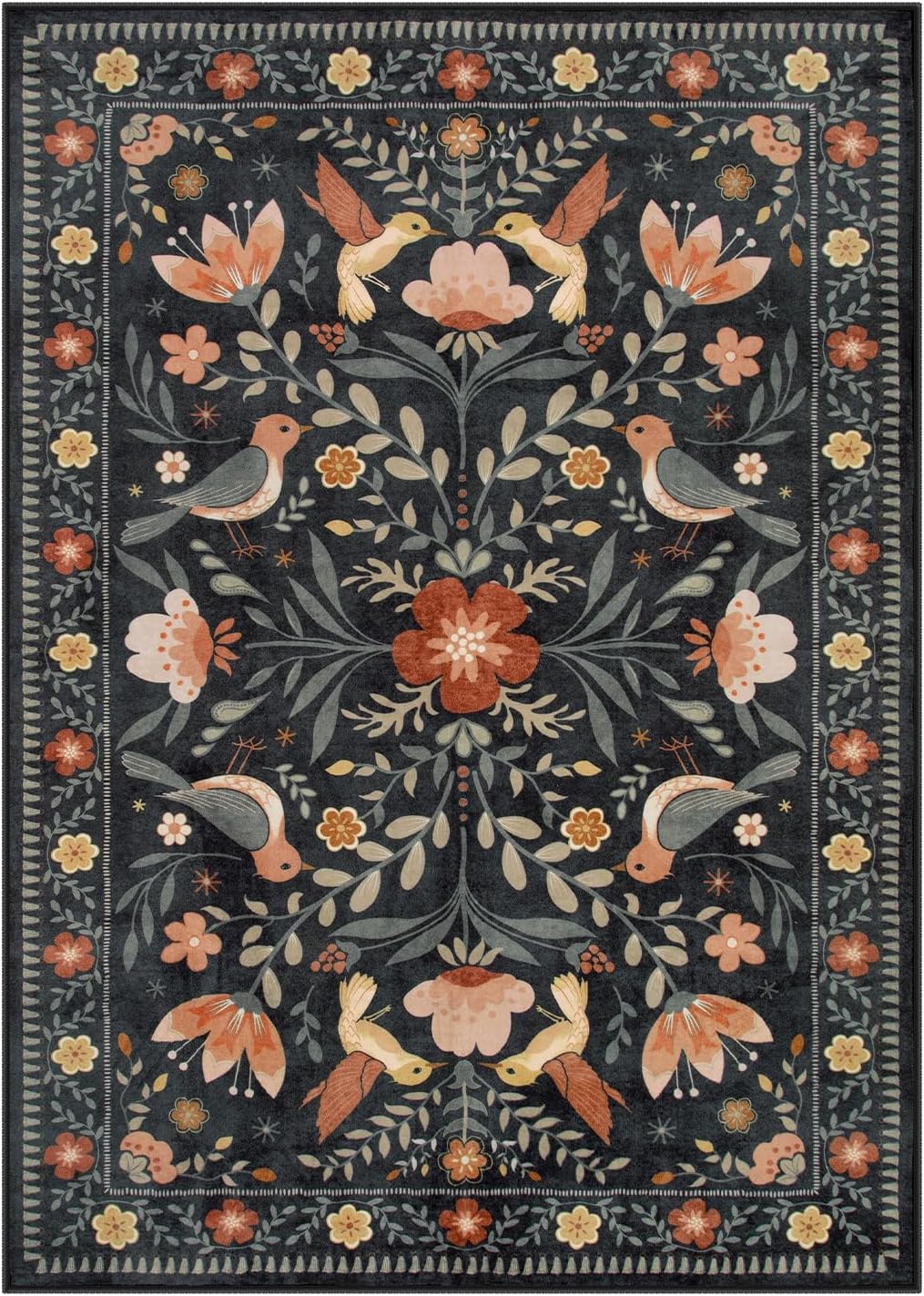 Moynesa Boho Bird 5x7 Area Rugs for Living Room, Black Floral Living Room Rug 5x7 Washable Low-Pile Bedroom Rug Non Slip, Vintage Soft Jungle Animal Floor Carpet for Nursery Playroom
