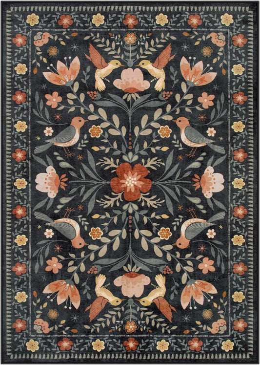 Moynesa Boho Bird 5x7 Area Rugs for Living Room, Black Floral Living Room Rug 5x7 Washable Low-Pile Bedroom Rug Non Slip, Vintage Soft Jungle Animal Floor Carpet for Nursery Playroom