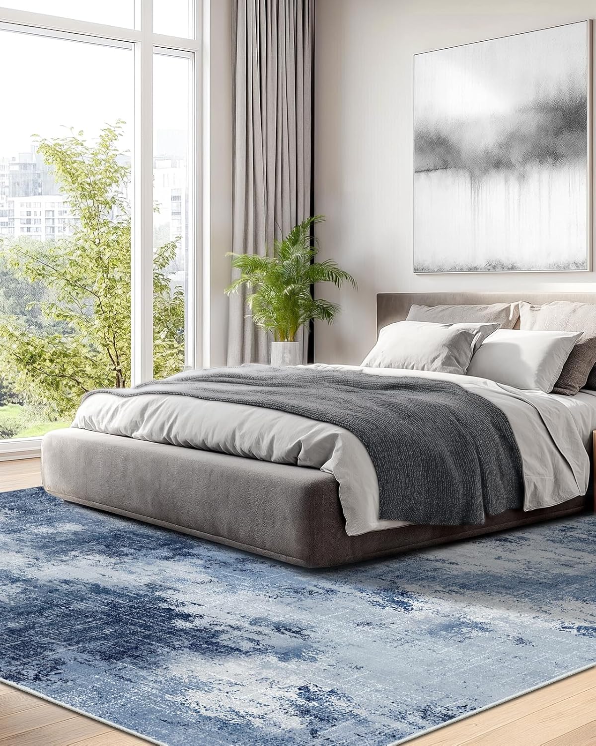 Amada 9x12 Large Area Rugs, Modern Living Room Rugs with Non-Slip Backing & Short Pile, Washable Rug with Abstract Pattern for Living Room, Bedroom and Dinning Room, Dark Blue