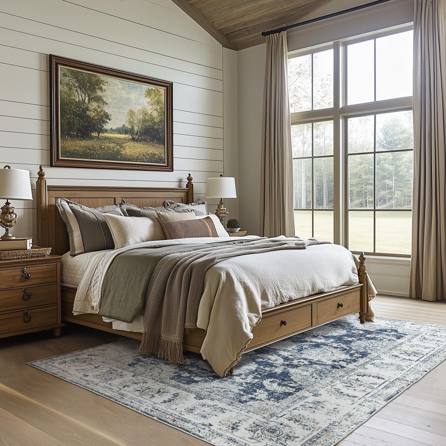 jinchan Vintage Floral 5x7 Area Rugs for Bedroom - Machine Washable Distressed Design Stain Resistant Boho Carpet Ultra-Thin Low Pile Non-Slip Rug for Living Room Dining Room Kitchen (5‘x7',Dark Blue)