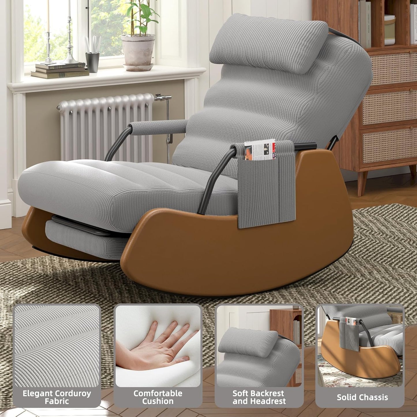 Polar Aurora Nursery Rocking Chairs with Soft Seat and Headrest,Corduroy Fabric Accent Chair with Side Pocket,Glider Rocking Chair for Bedroom/Living Room/Nursery. (Dark Grey/Brown)