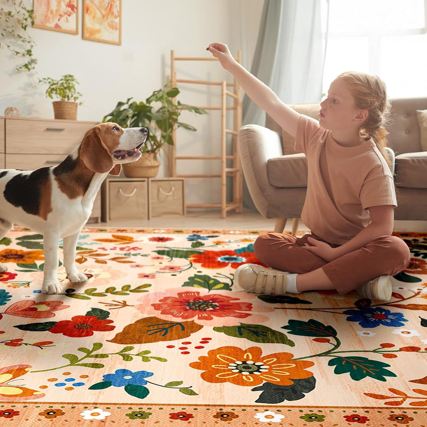 Floral 8x10 Area Rug Machine Washable Soft Print Boho Carpet Non Slip Doormat Low Pile Flower Area Rugs for Living Room Bedroom Nursery Kitchen Dining Room Indoor-Light Orange