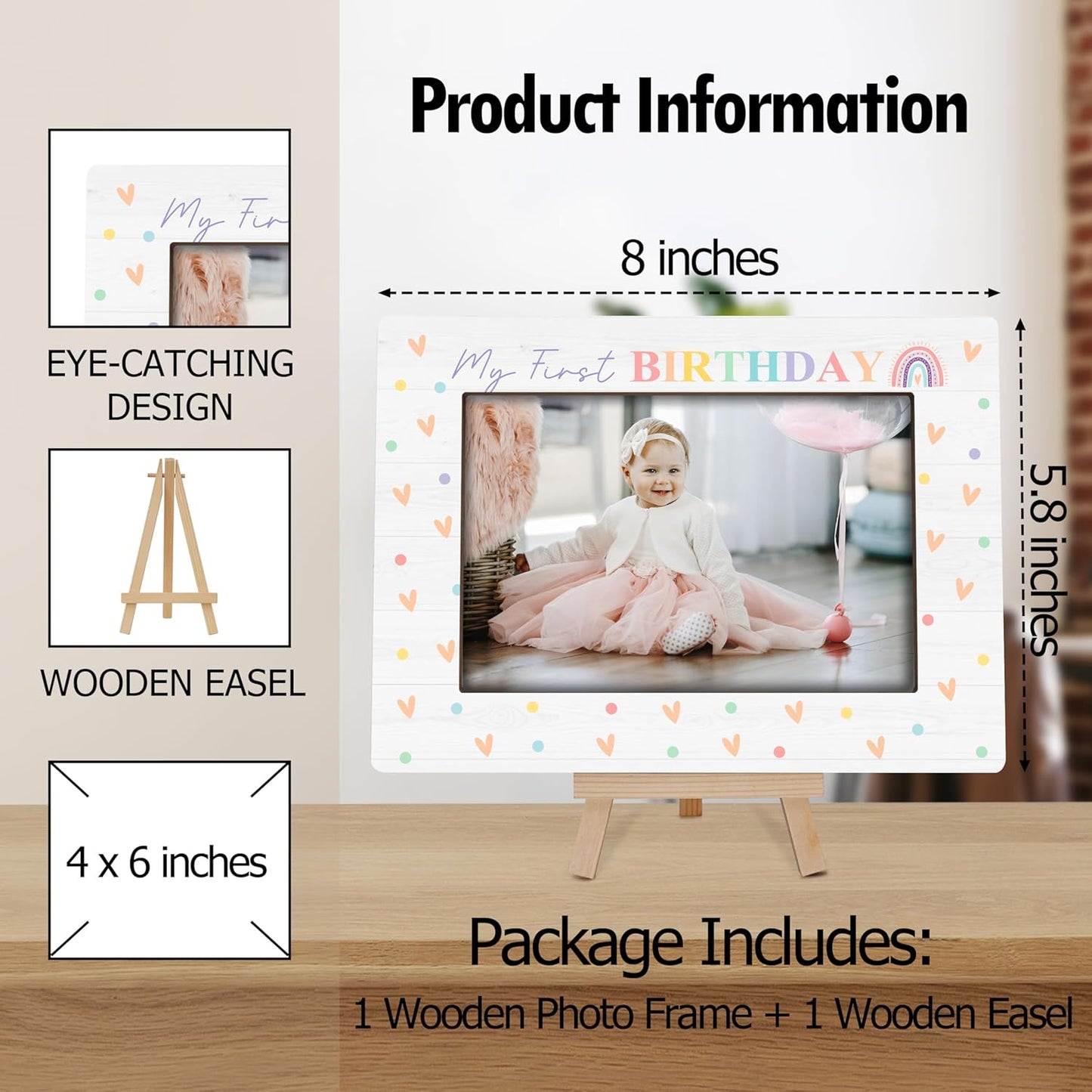 My 1st Birthday Picture Frames, Rainbow Wooden 4x6 Photo Frame with Easel, Baby First Year Birthday Gifts for Home Office Tabletop Display Decorations - G05