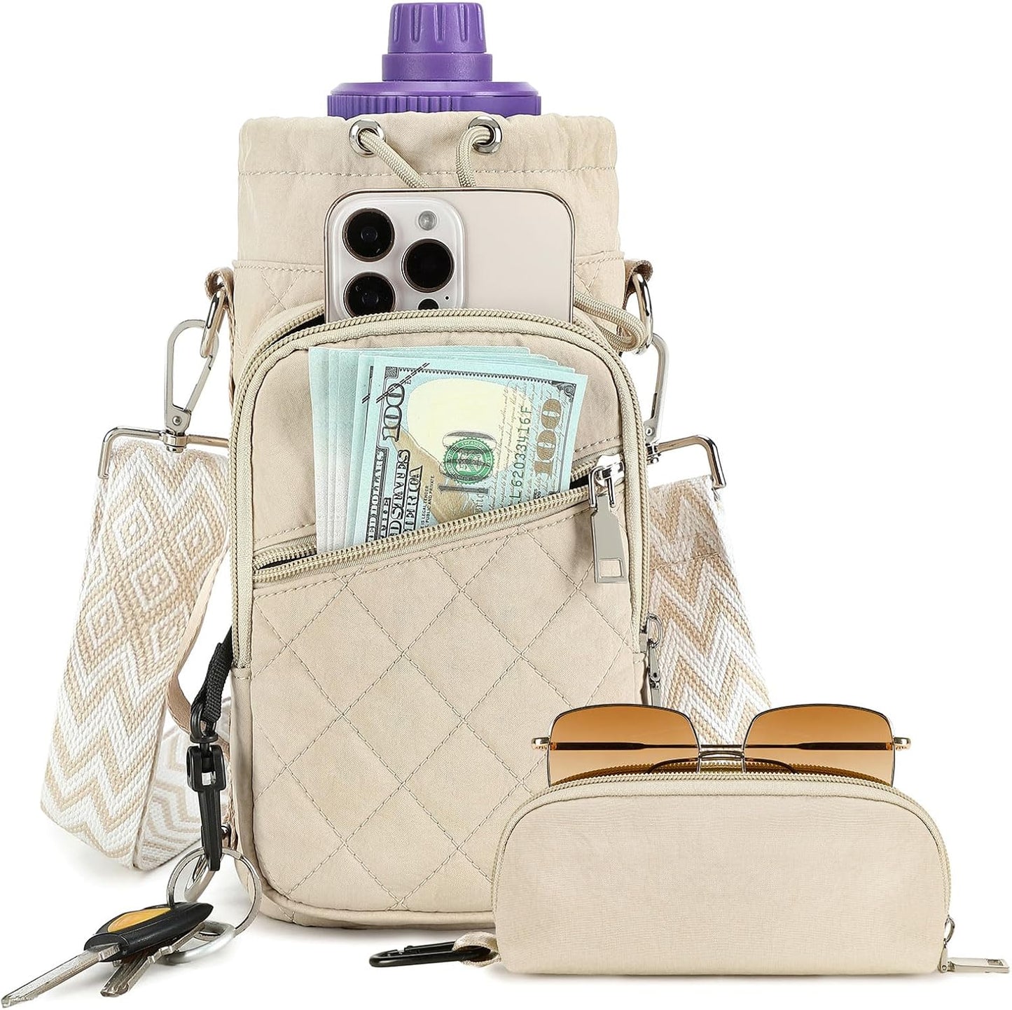 Water Bottle Carrier Bag with Strap, Water Bottle Holder Crossbody Bags for Women Men for Walking, Hiking,Cycling